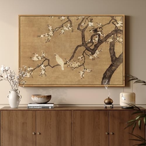 Framed Vintage Floral Bird Zen Wall Art, Neutral Asian Plum 36"L x 24"W Beige B