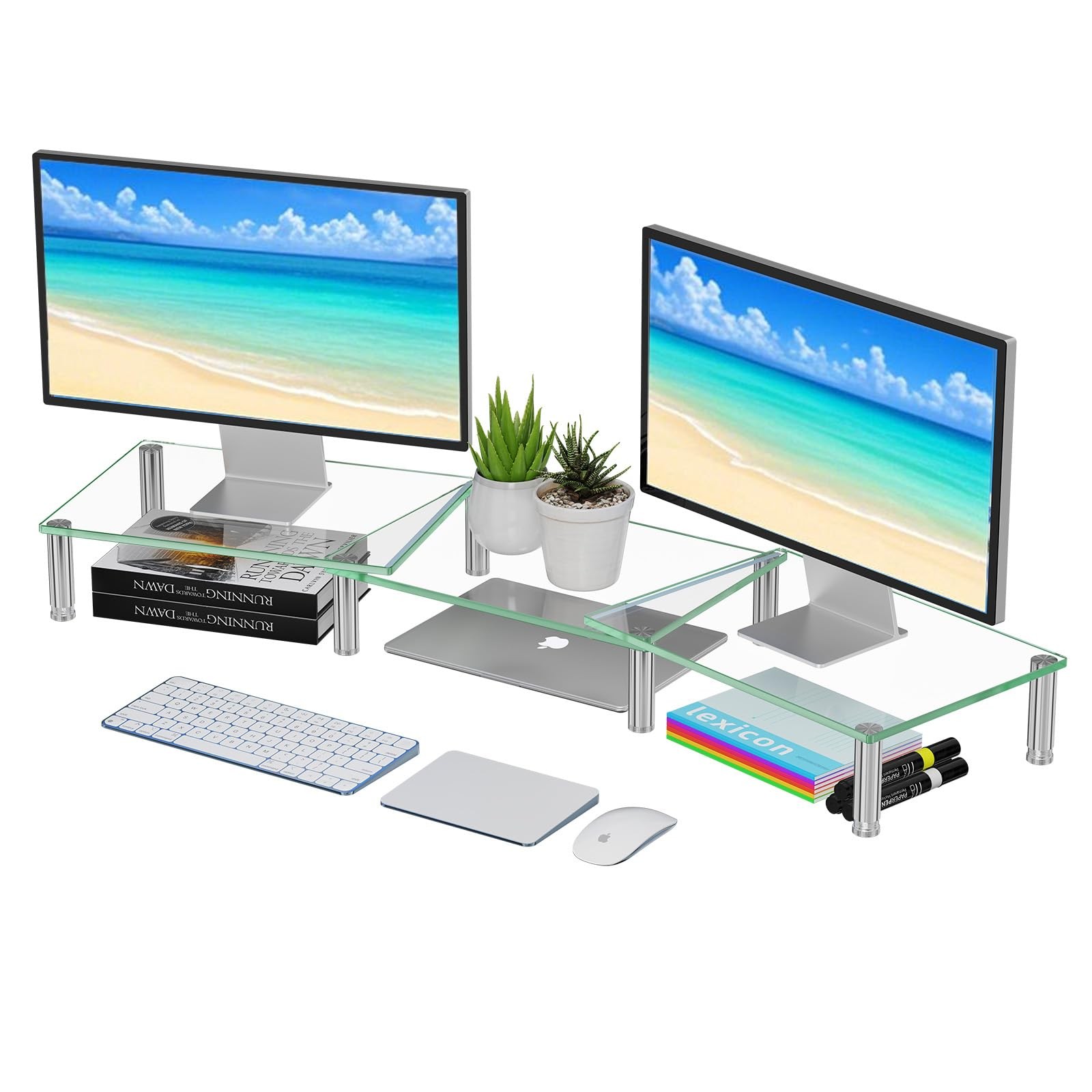 Dual Monitor Stand Riser, Computer Office Desktop Organizer for 2 Monitors wi...