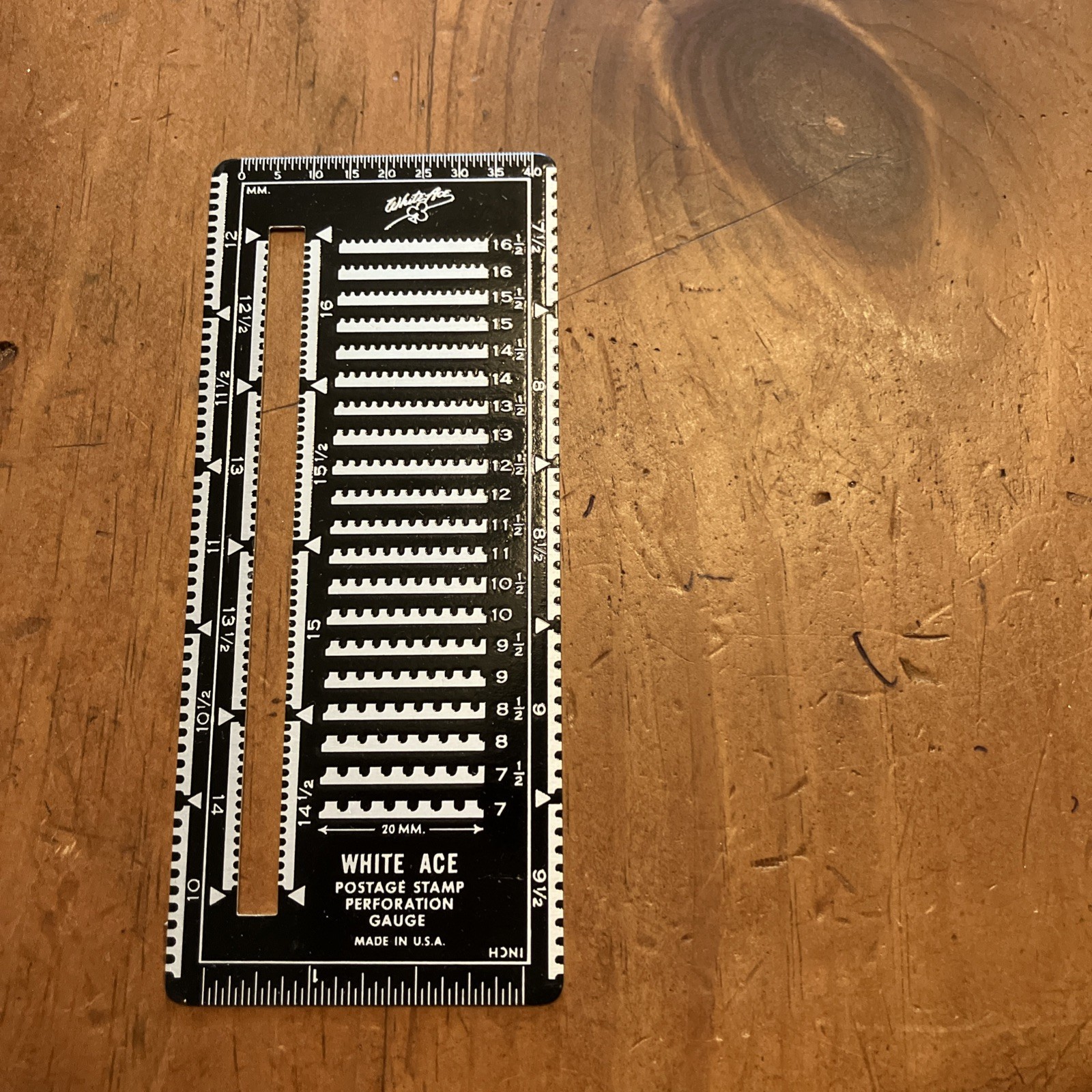 Vintage White Ace Postage Stamp Perforation Gauge with Slot USA