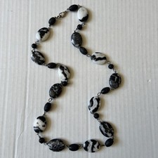 Zebra Jasper Stunning Long Necklace 28" Natural Stones Black White