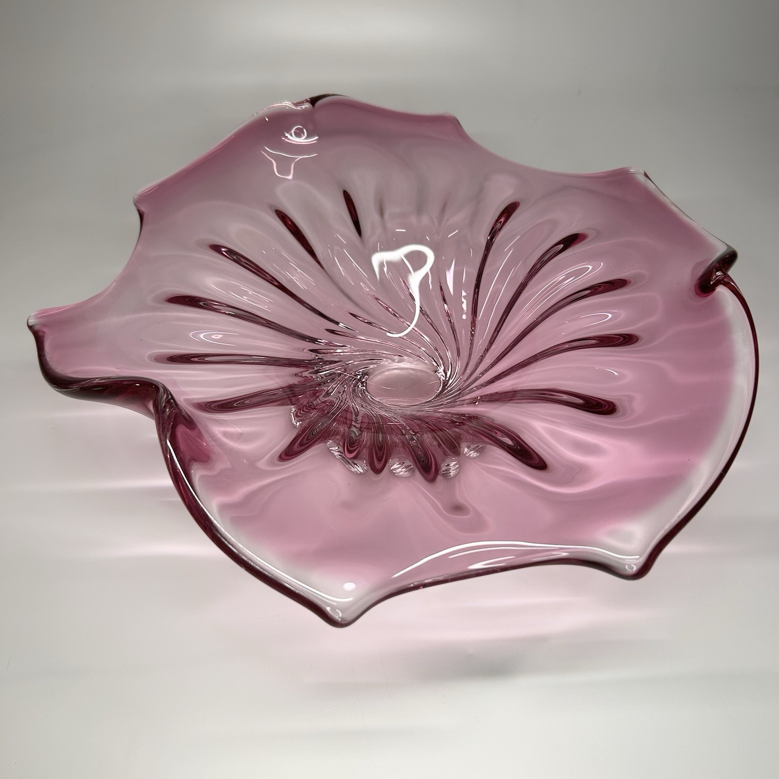 Vintage Hand-Blown Pink/Purple Murano-Style Glass Bowl with Splash Swirl Details