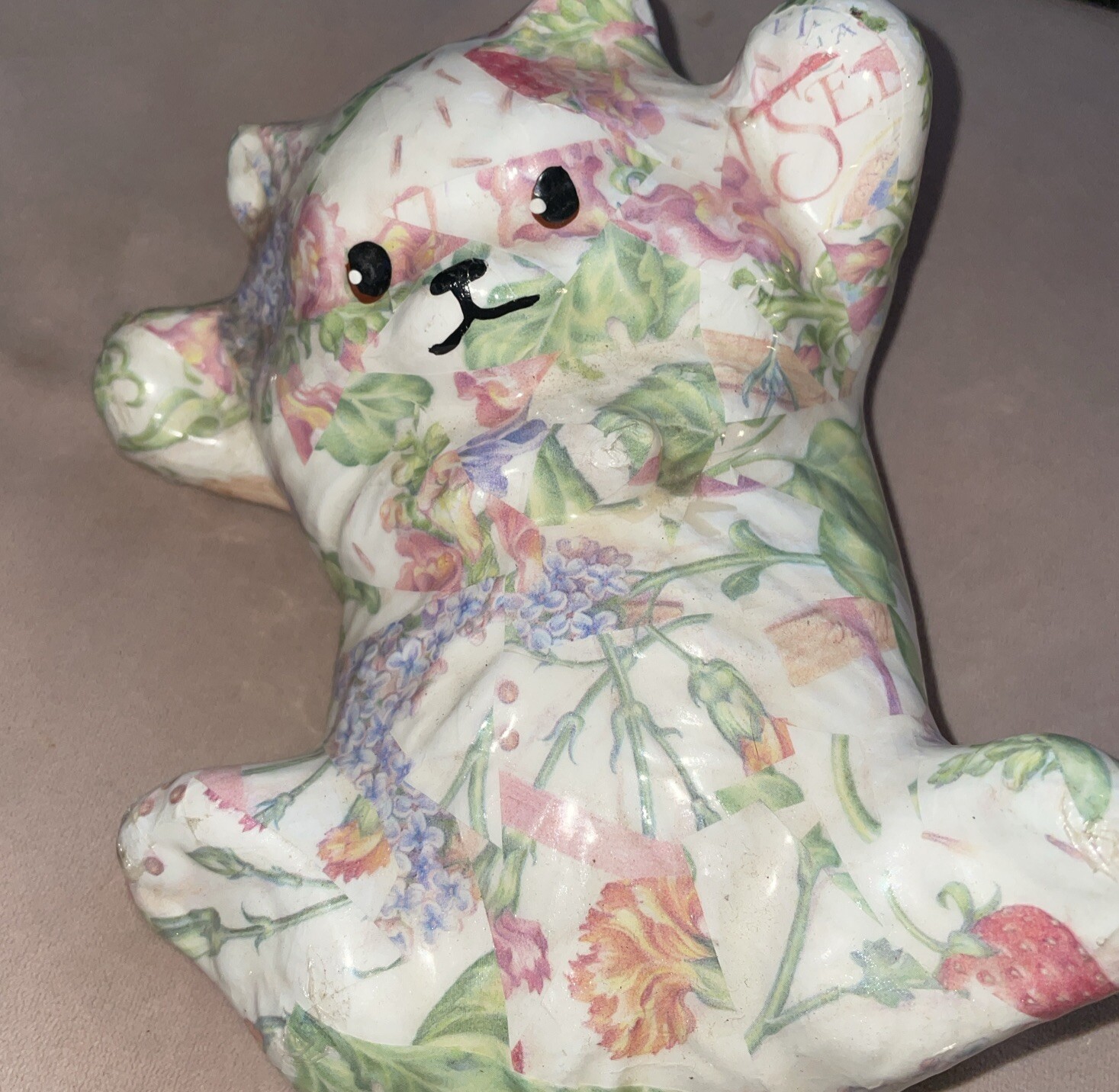 VTG Decoupage Pastel Floral Cat Playing Kitten Figurine Grandmacore Folk Art 8x5