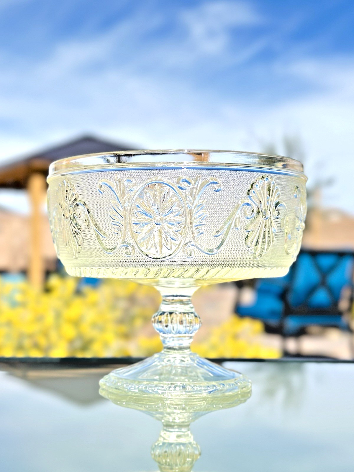 Vintage Indiana Glass Tiara Sandwich Pattern Clear Pedestal Footed Compote Bowl