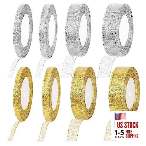  8 Rolls 200 Yards in Total 2 Colors Glitter Silver Gold Ribbon, Metallic Kit