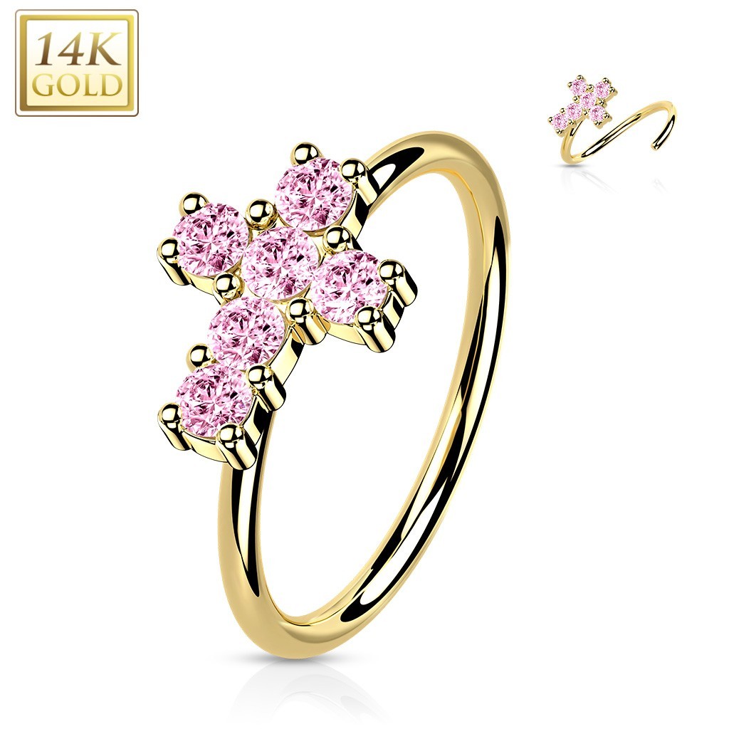 Piercing Nose Ring Yellow Gold 14K Cross Zircons Roses