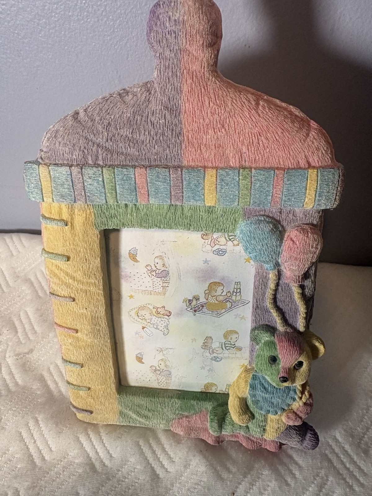 Pastel Teddy Bear Picture Frame Nursery Decor with Baby Bottle, Multicolor