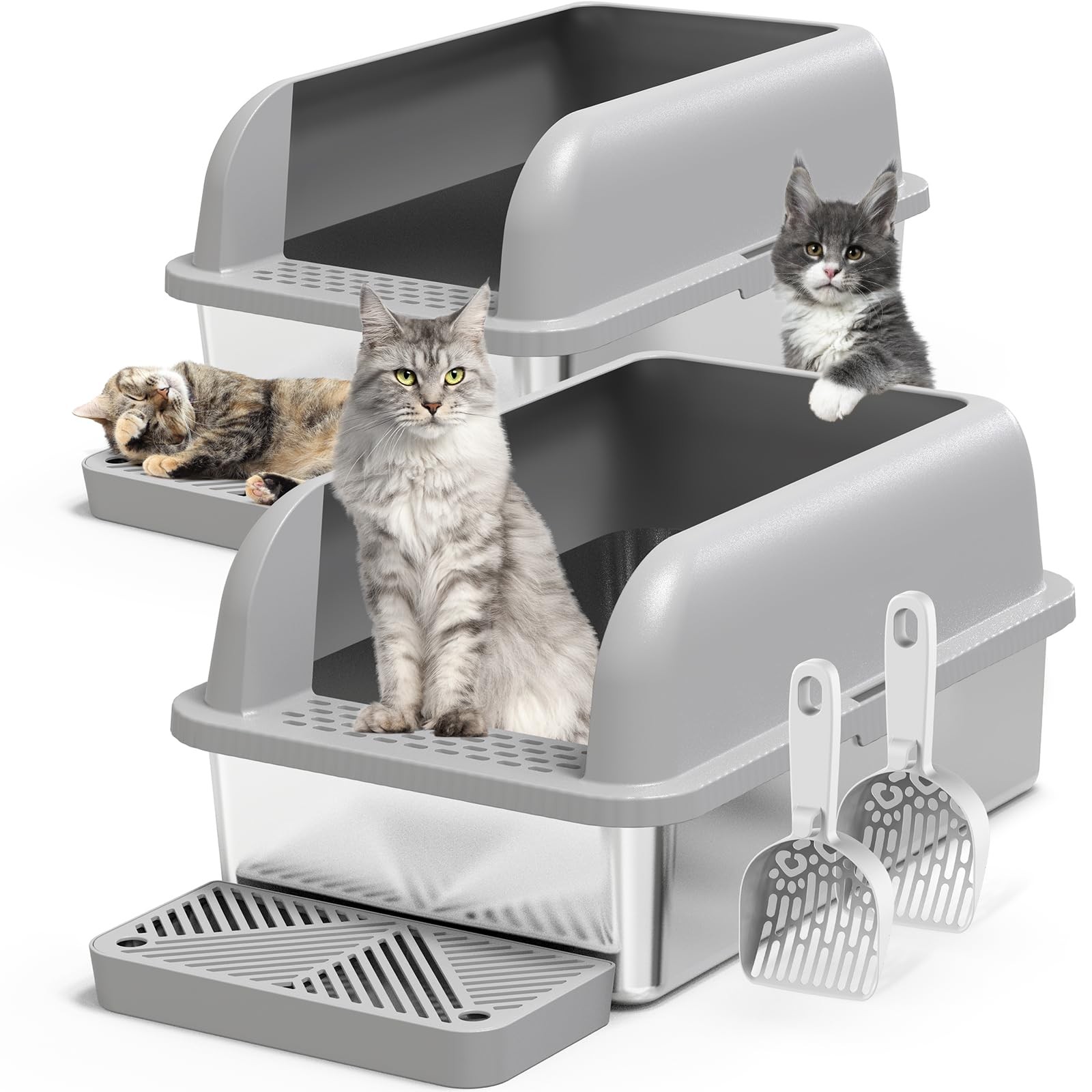 Stainless Steel Litter Box Enclosure 2 Pack XL Cat Pan Large Metal Tray Cats