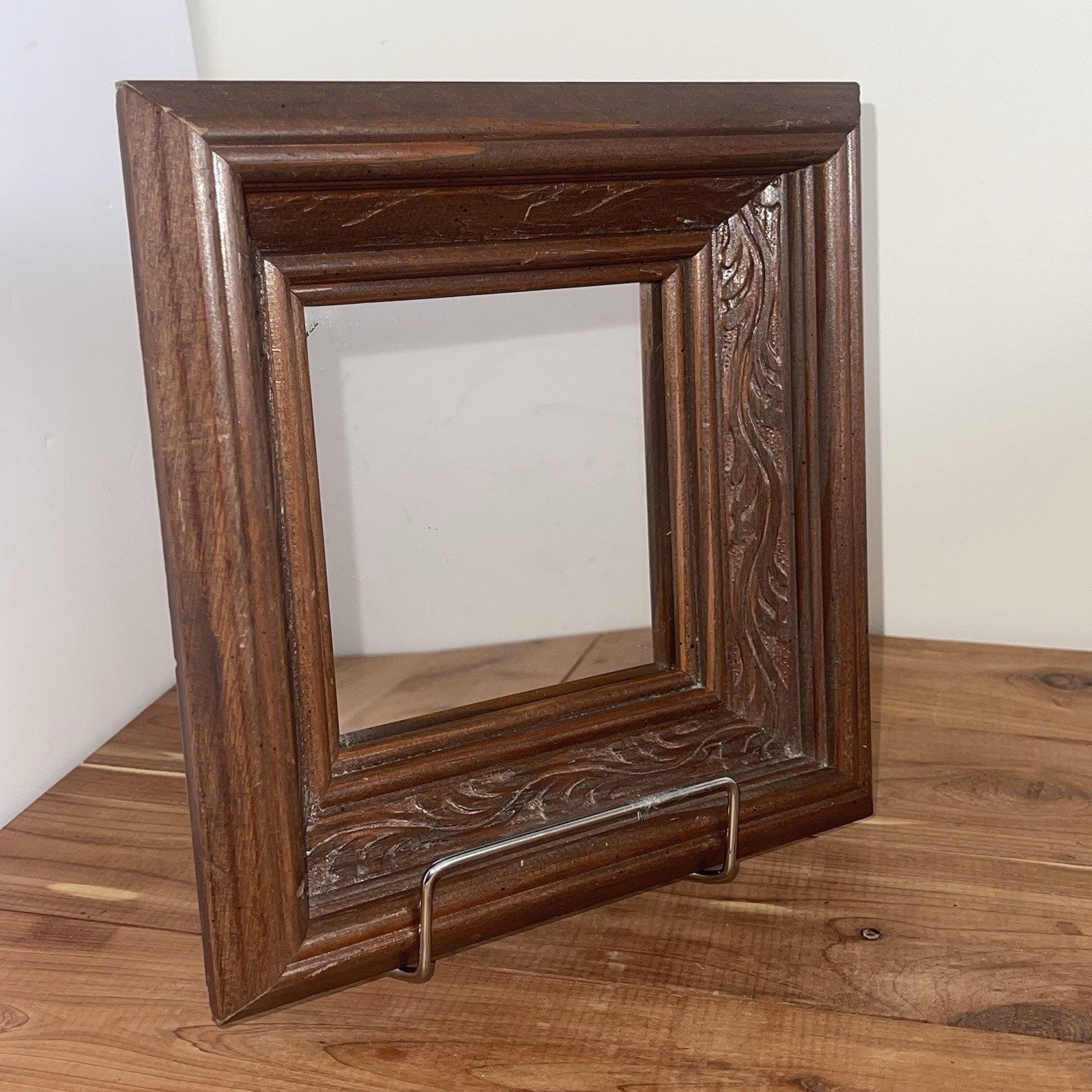 VINTAGE Signed Hand Carved Wood Framed Square Mirror Victorian Cabin 8x8