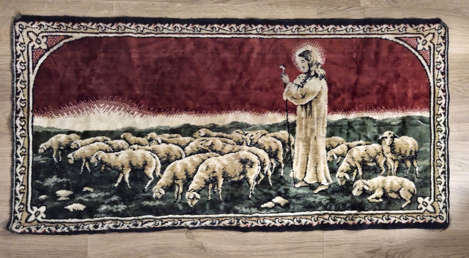 Vintage Jesus Tapestry Velvet Wall Hanging Sheppard Sheep Italy 38" x 19”
