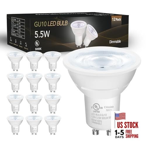  GU10 LED Light Bulbs, Dimmable GU10 Bulb 12 Pack 5000k Daylight White
