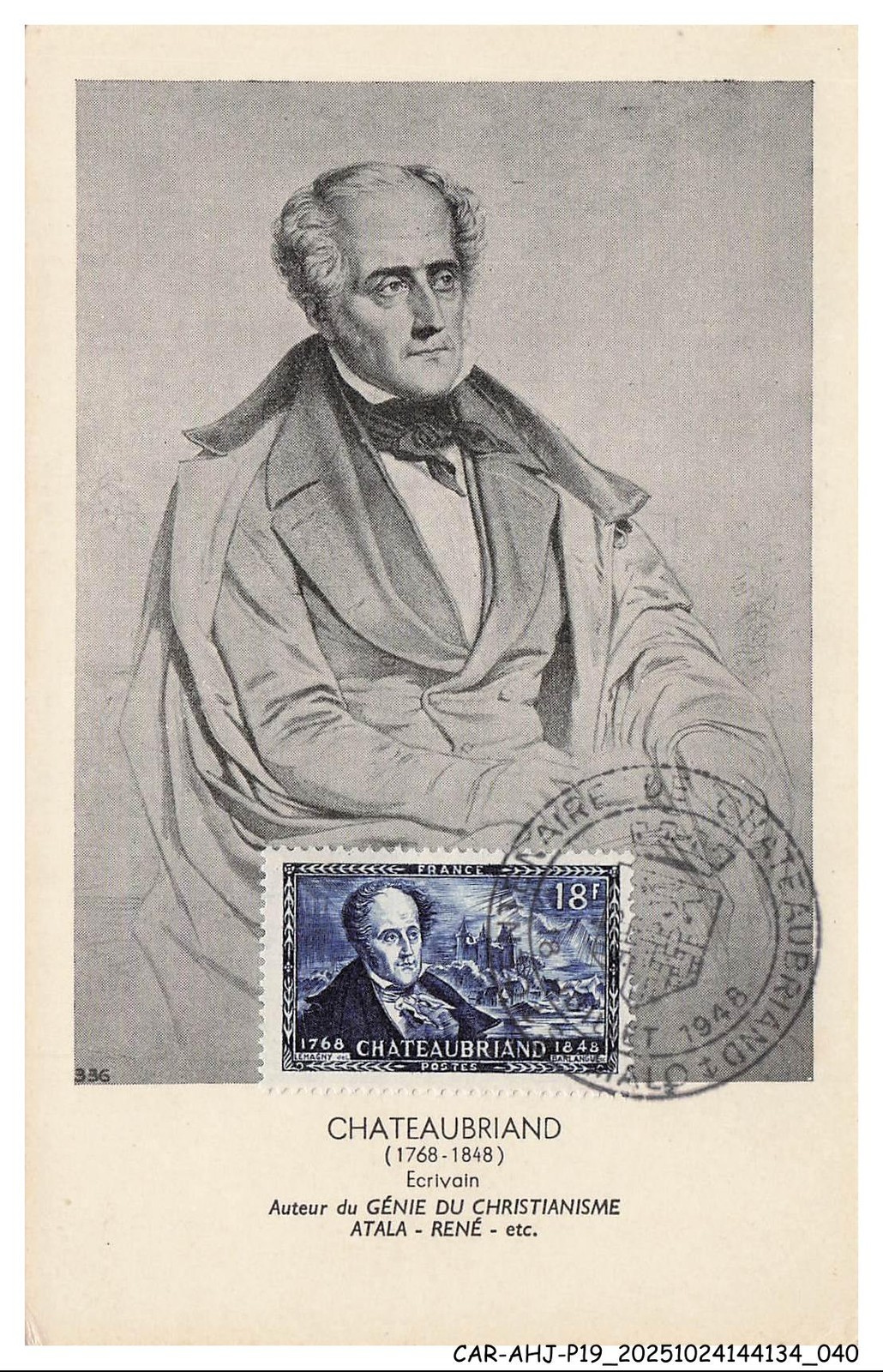 CAR-AHJP19-0916-CARTE-MAXIMUN - Chateaubriand - Writer - 1948