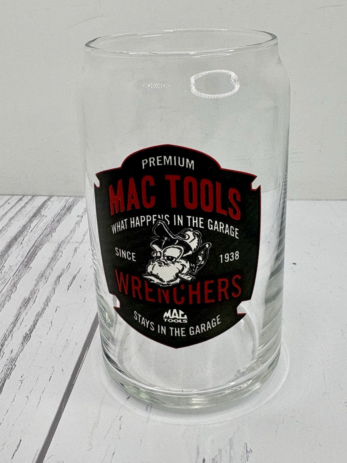 Mac Tools Beer Can Glass 16oz 1938 What Happens In The Garage Logo