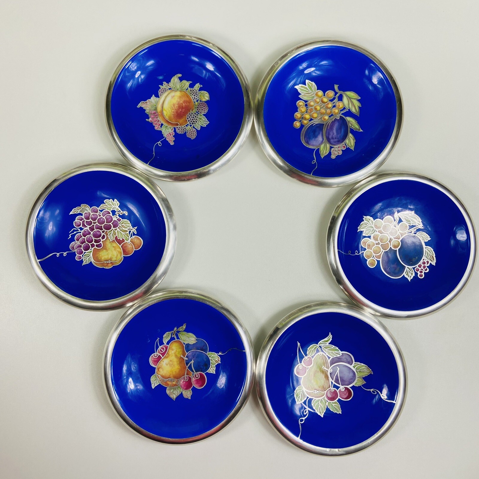 6 Pc Set Vtg Veyhl Silver Overlay 6” Plates Heinrich Bavaria Porcelain Fruit SMP