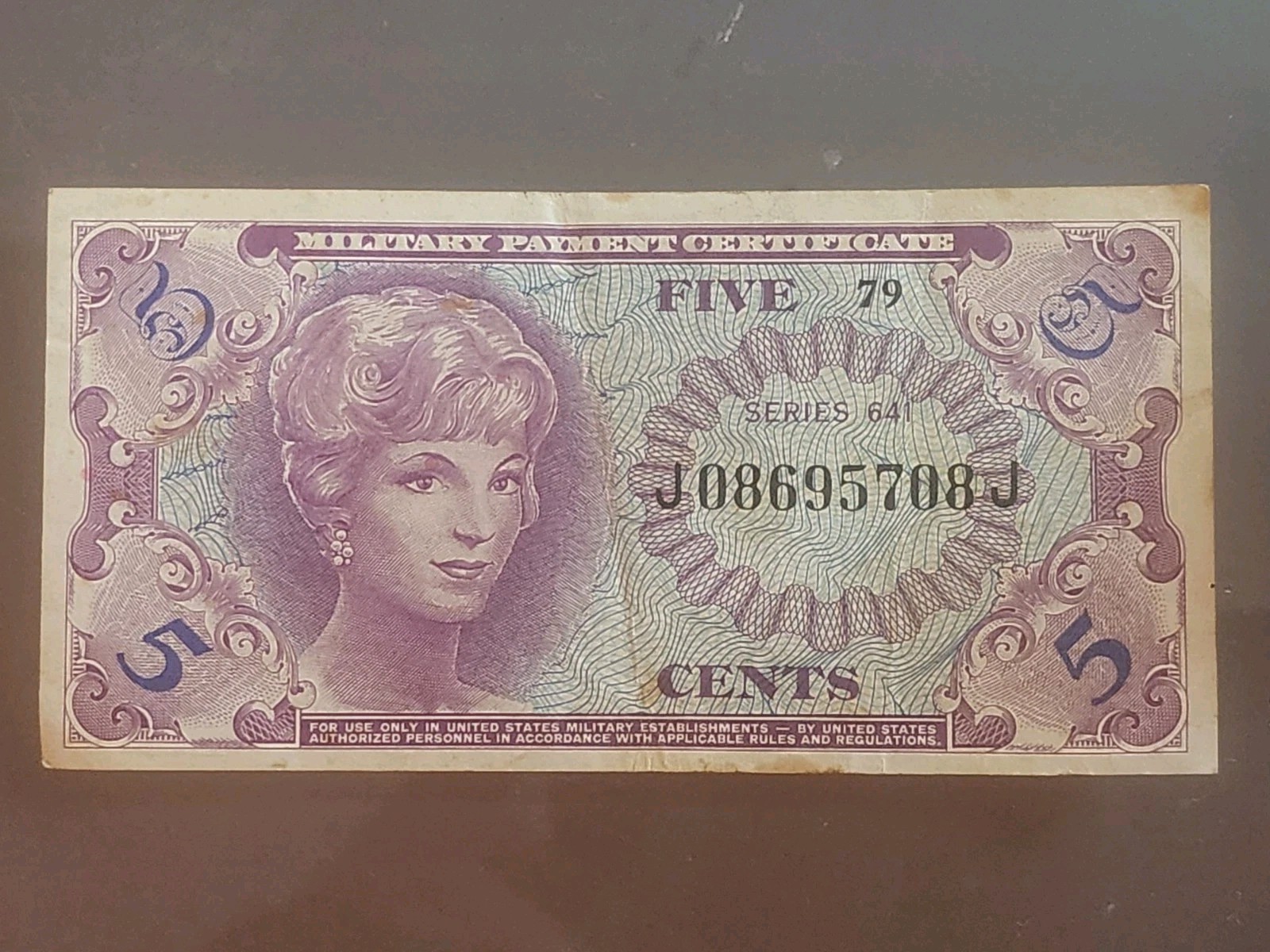 Series 641 5¢ Military Payment Certificate MPC AU Purple Note J08695708J