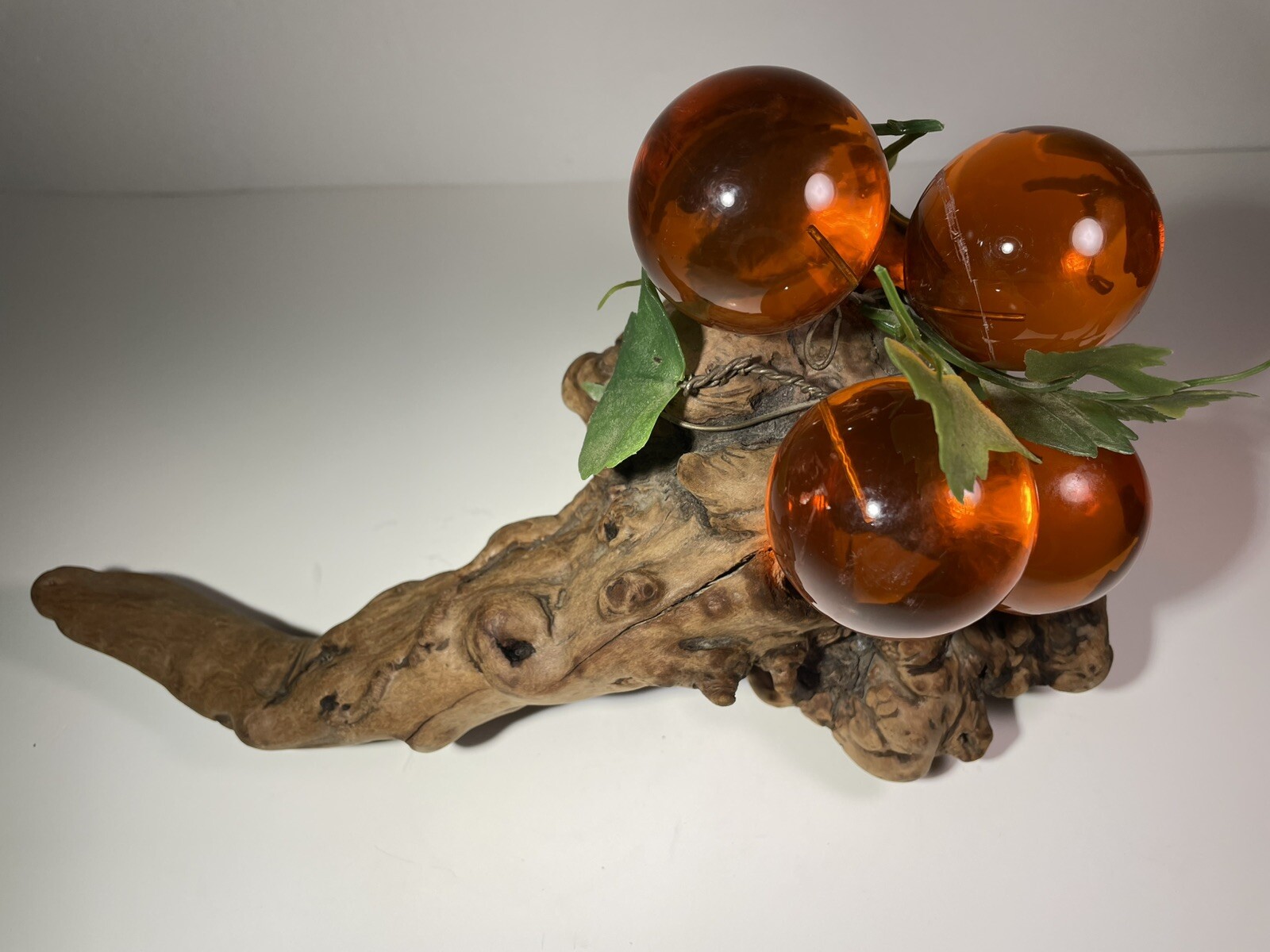 AMBER ORANGE LUCITE ACRYLIC GRAPE CLUSTER CENTERPIECE ON BURL WOOD BASE