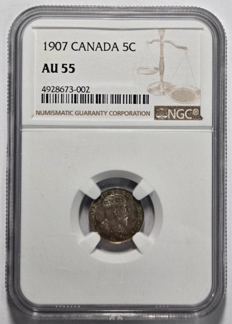 1907 CANADA 5 CENTS NGC AU 55 Certified Coin