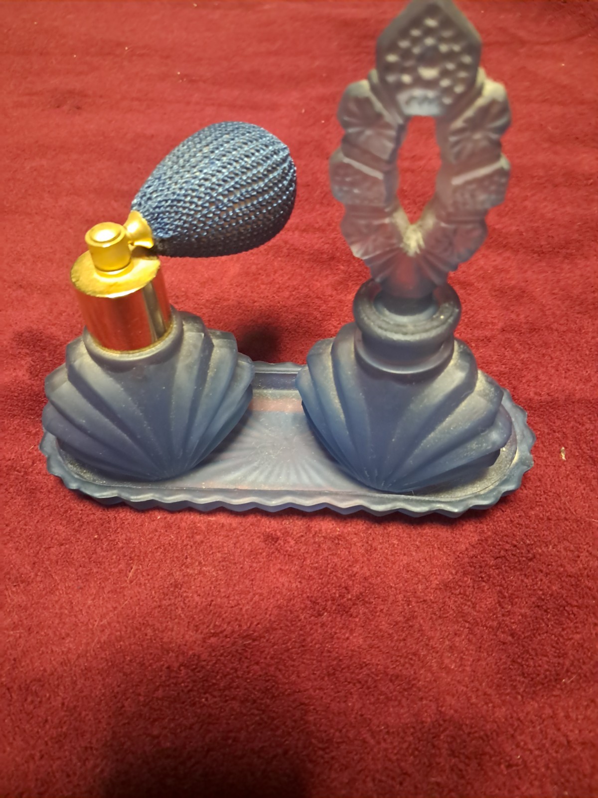 Vintage Blue Shell Perfume Jar Set With Tray. Made In Taiwan. Rare Model.