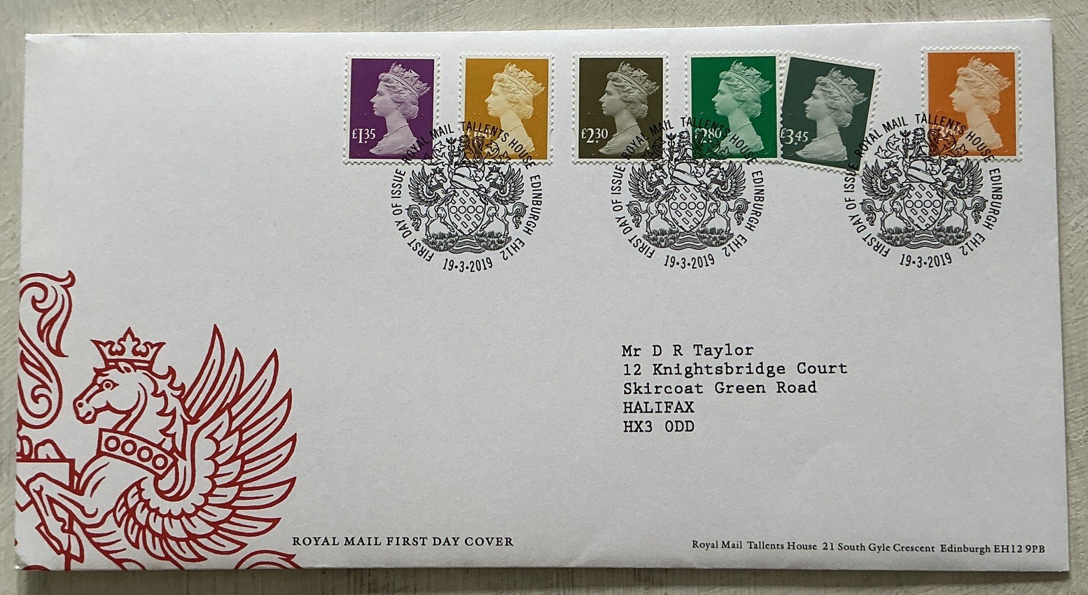 GB QEII 2019 Machin New Values 2 RMFDC Tallents House Coat Of Arms dropped stamp