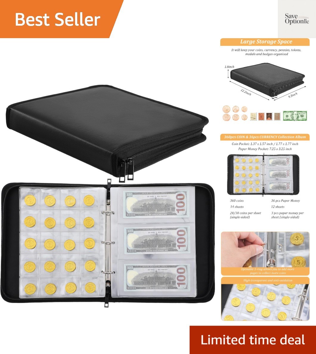 Fireproof Coin Collection Album, 360 Pockets & 36 Sleeves Paper Money Currenc...