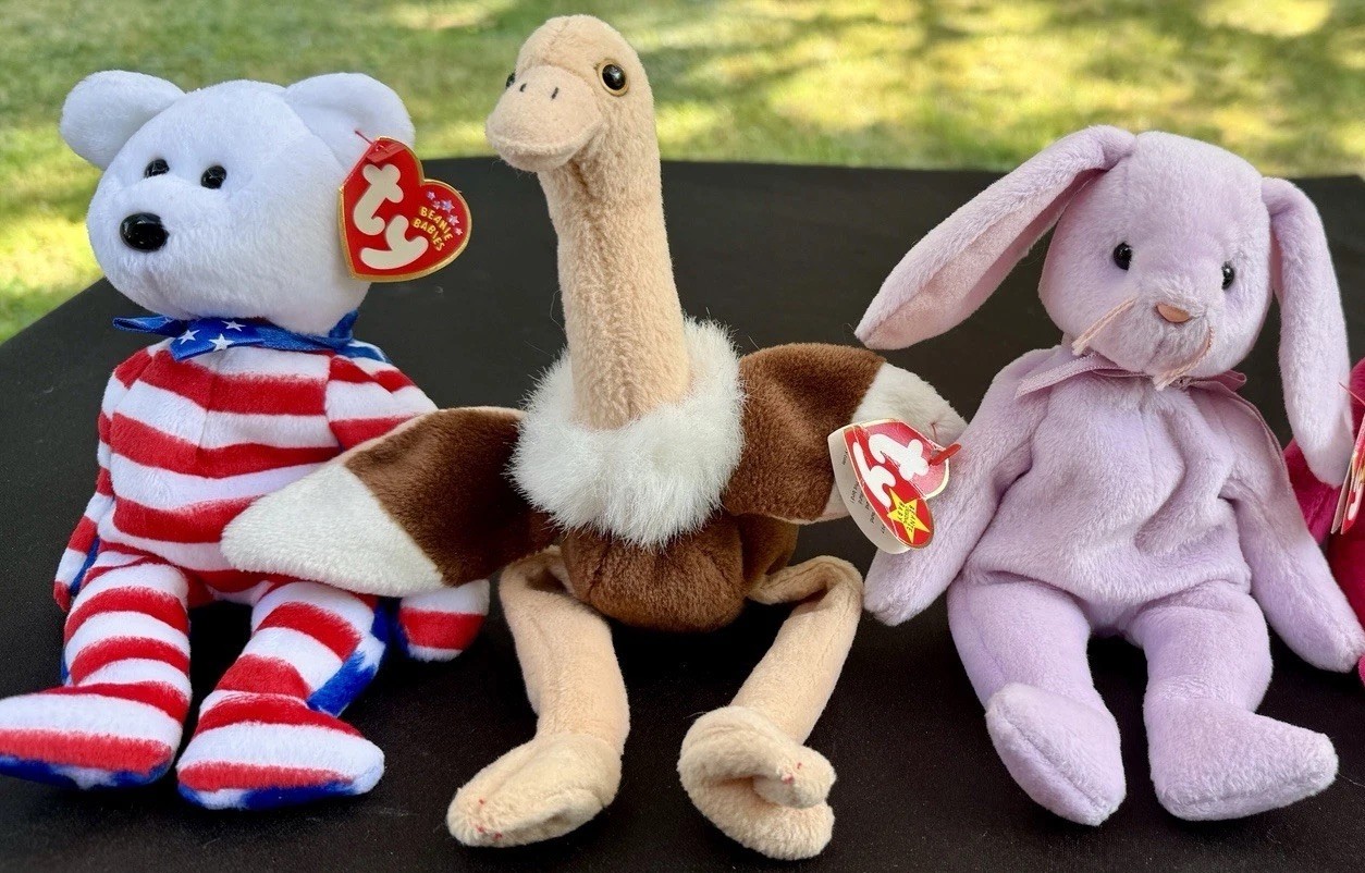 Ty Beanie Babies (3) NWT Floppity Bunny Liberty Bear Stretch Turkey W/Errors