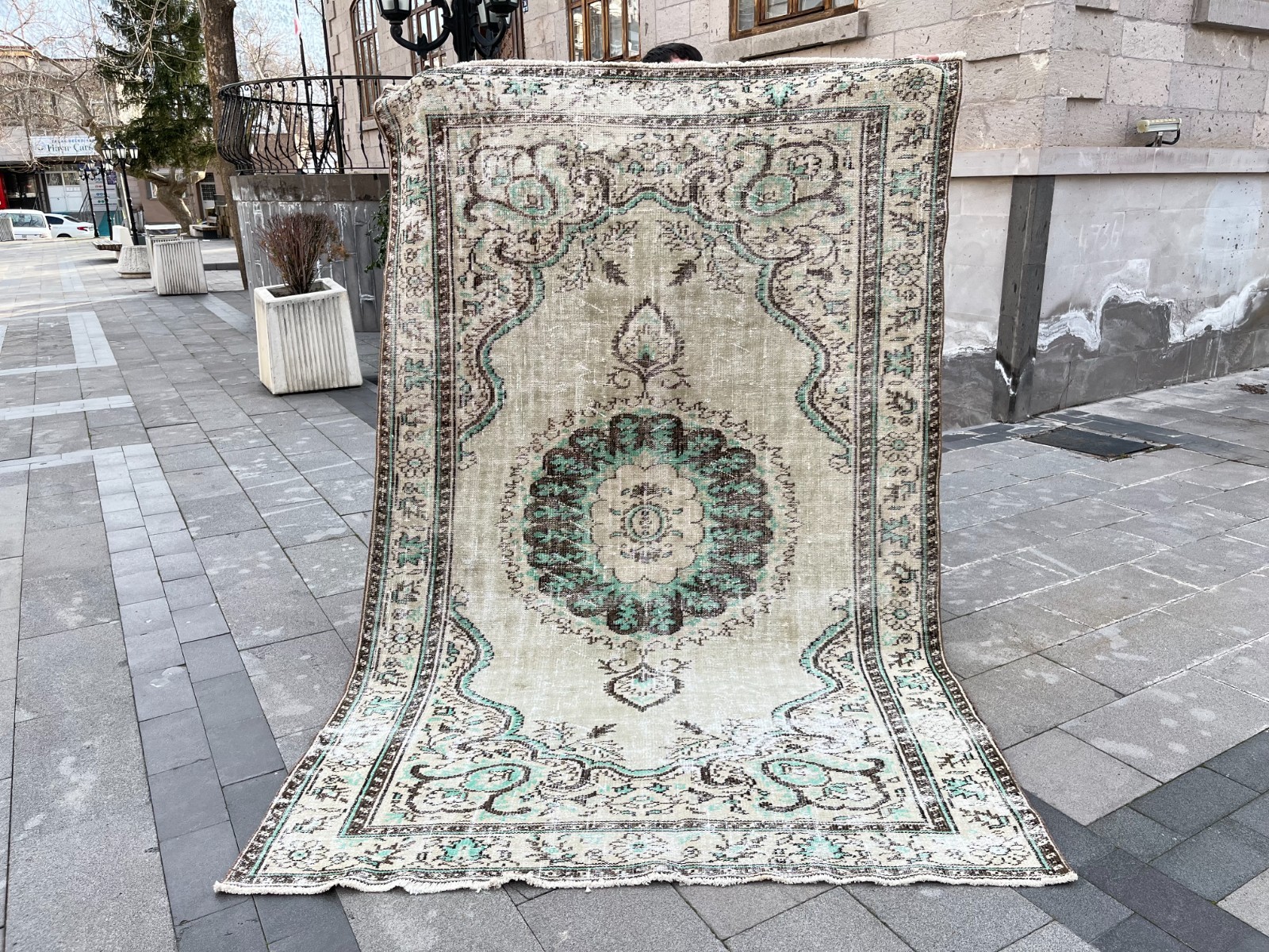 Vintage Turkish Oushak Rug 5.9x9.1 ft Handmade Wool Distressed Sage Green Rug