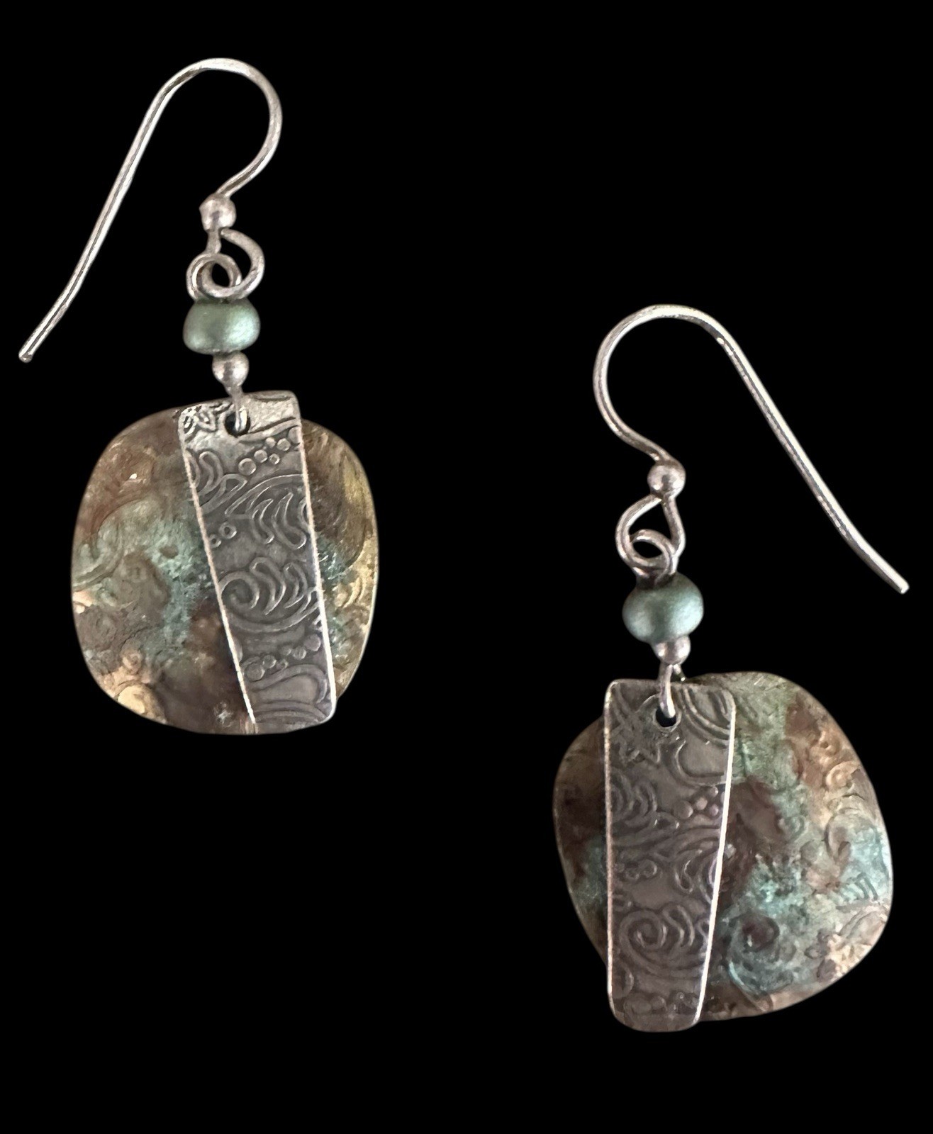 Handmade Patina Copper & Sterling Silver  Boho Dangle Earrings - Southwest