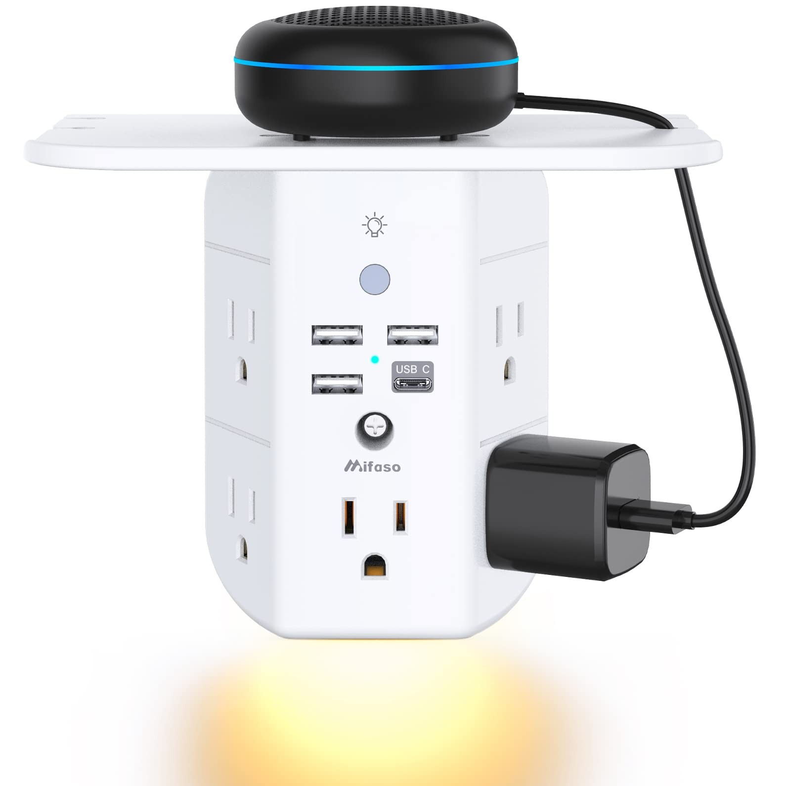 Mifaso Multi Plug Power Strip Wall Extender Shelf Night Light Surge Protector