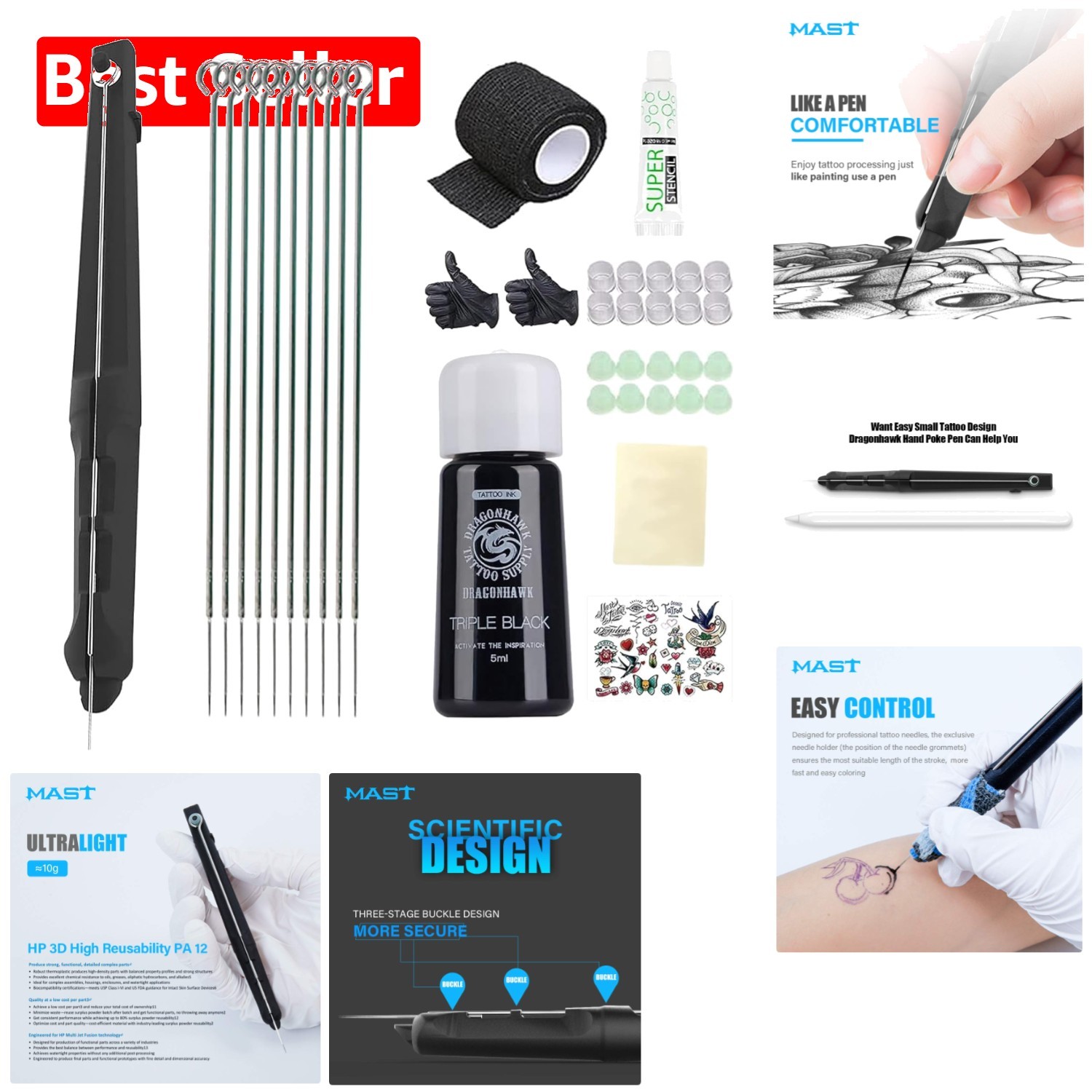 Beginner-Friendly Poke Tattoo Kit with Professional Needles for Home Artistry