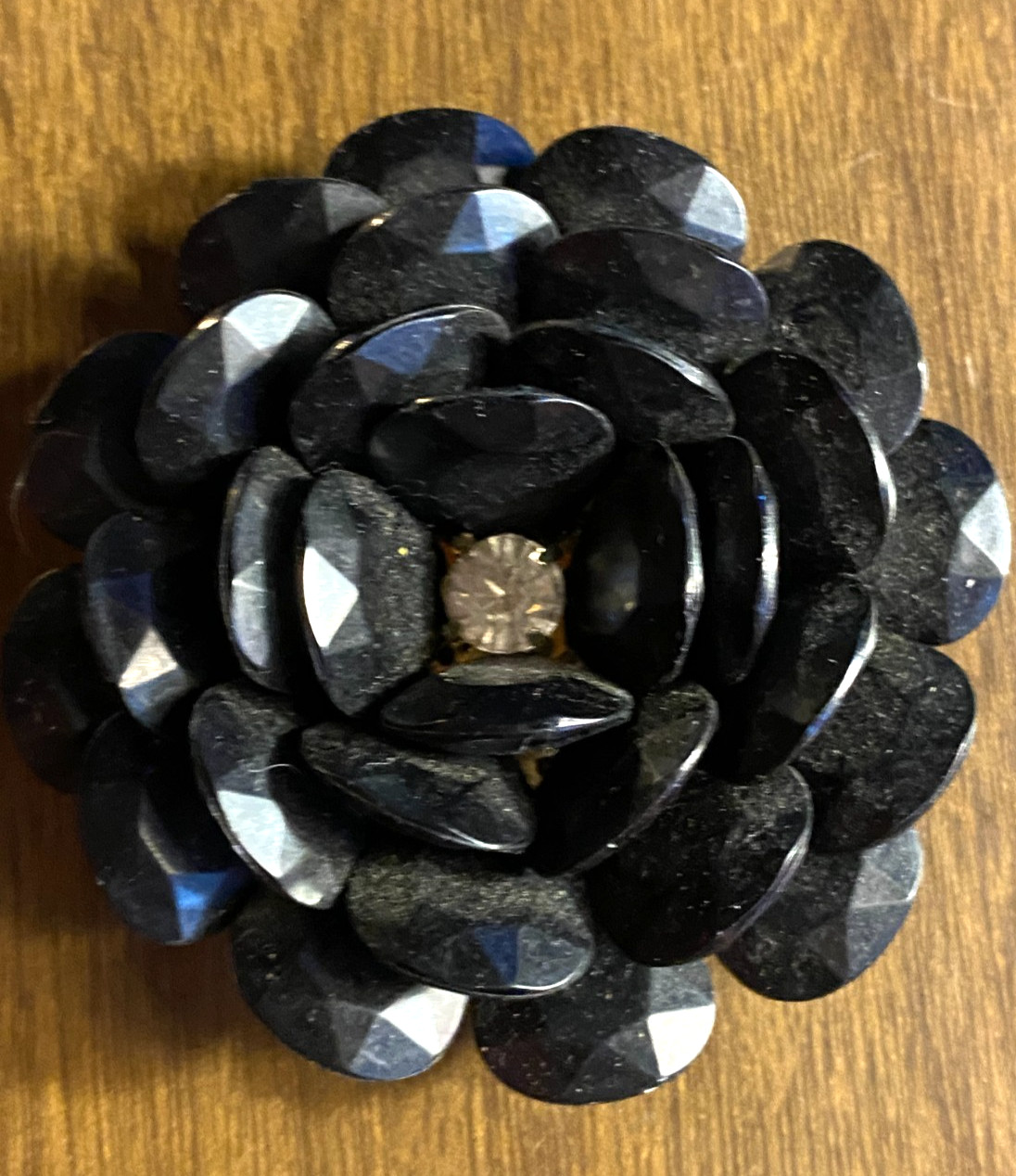 Lucite Black Rose Round Gold Tone Prong Set Crystal Pendant 2 3/4"