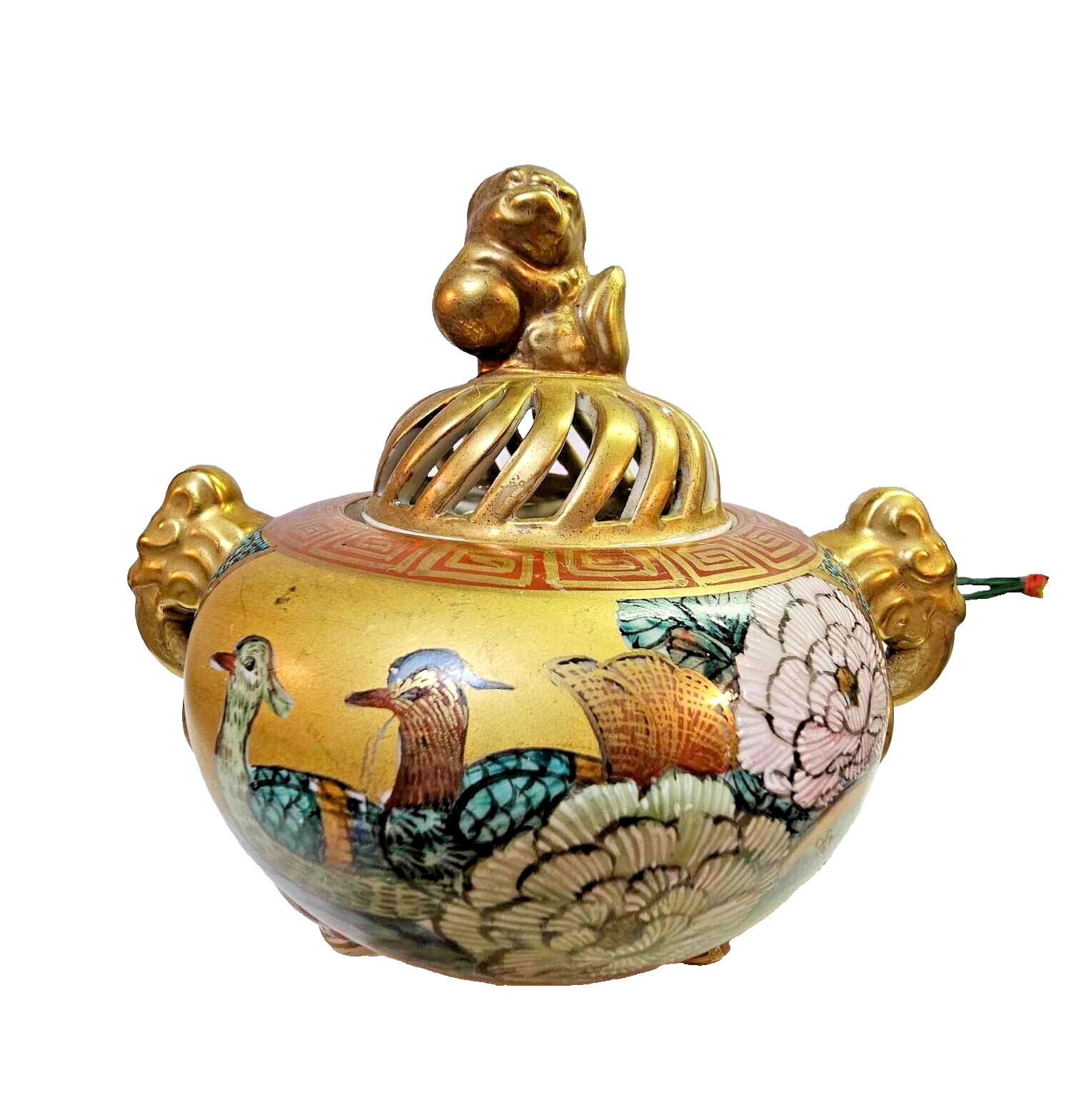 Japanese satsuma incense burner pagoda bird flower falls foo dog gold lid w mark