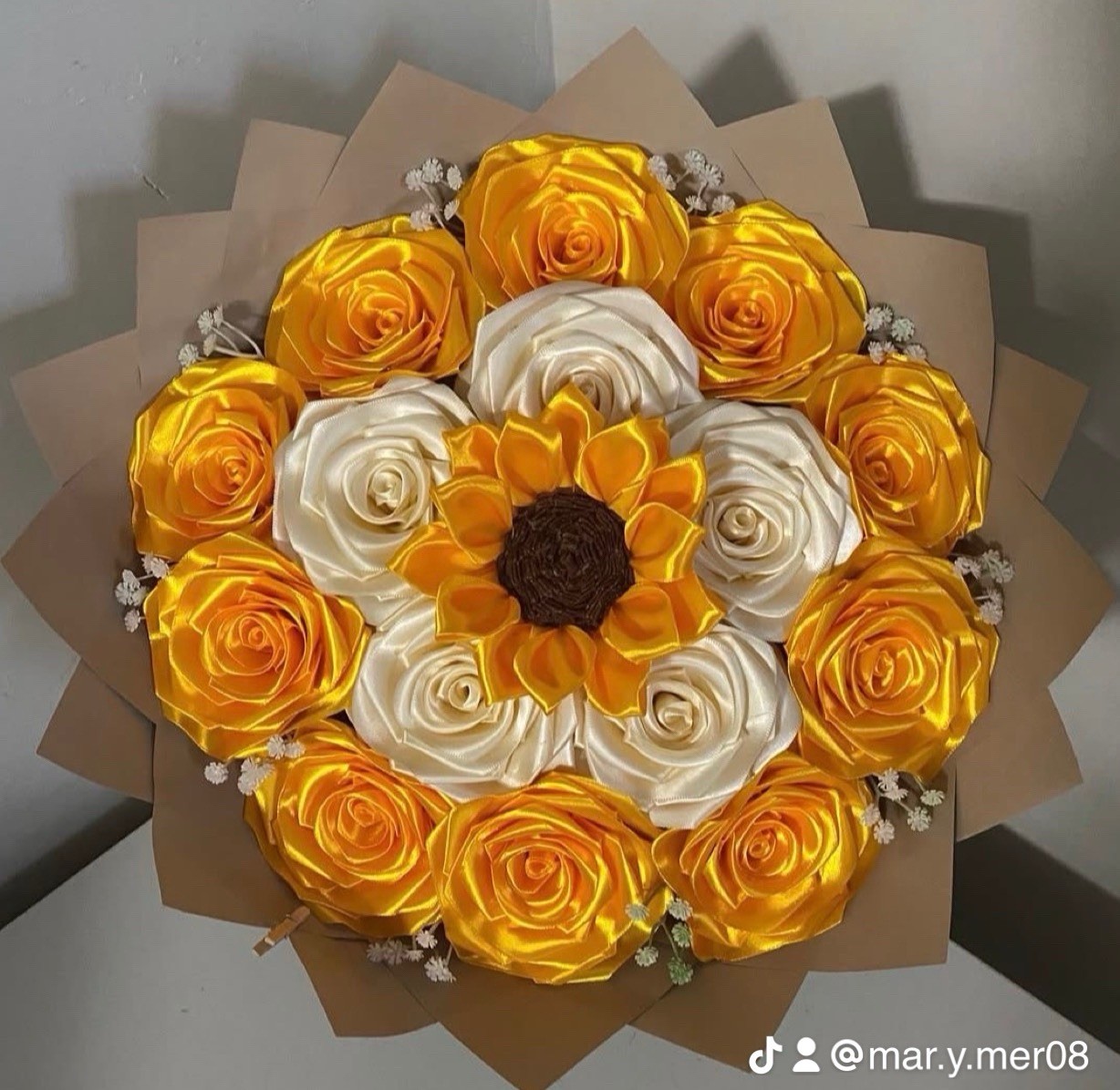 Satin Rose Sunflower Bouquet Yellow White Artificial Flower Arrangement