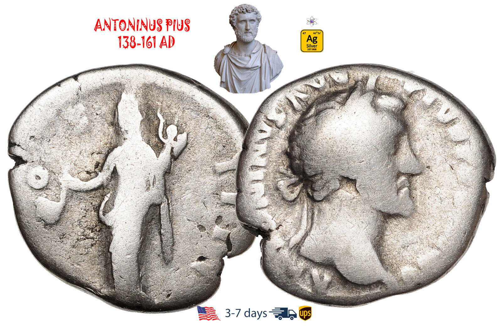 Ancient Roman Empire Coin Silver Denarius ANTONINUS PIUS 138-161 AD #30068