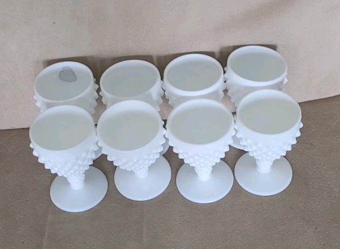 8 Vintage Fenton White Milk Glass Hobnail Wine Glass Goblet Chalice 4" Stemmed
