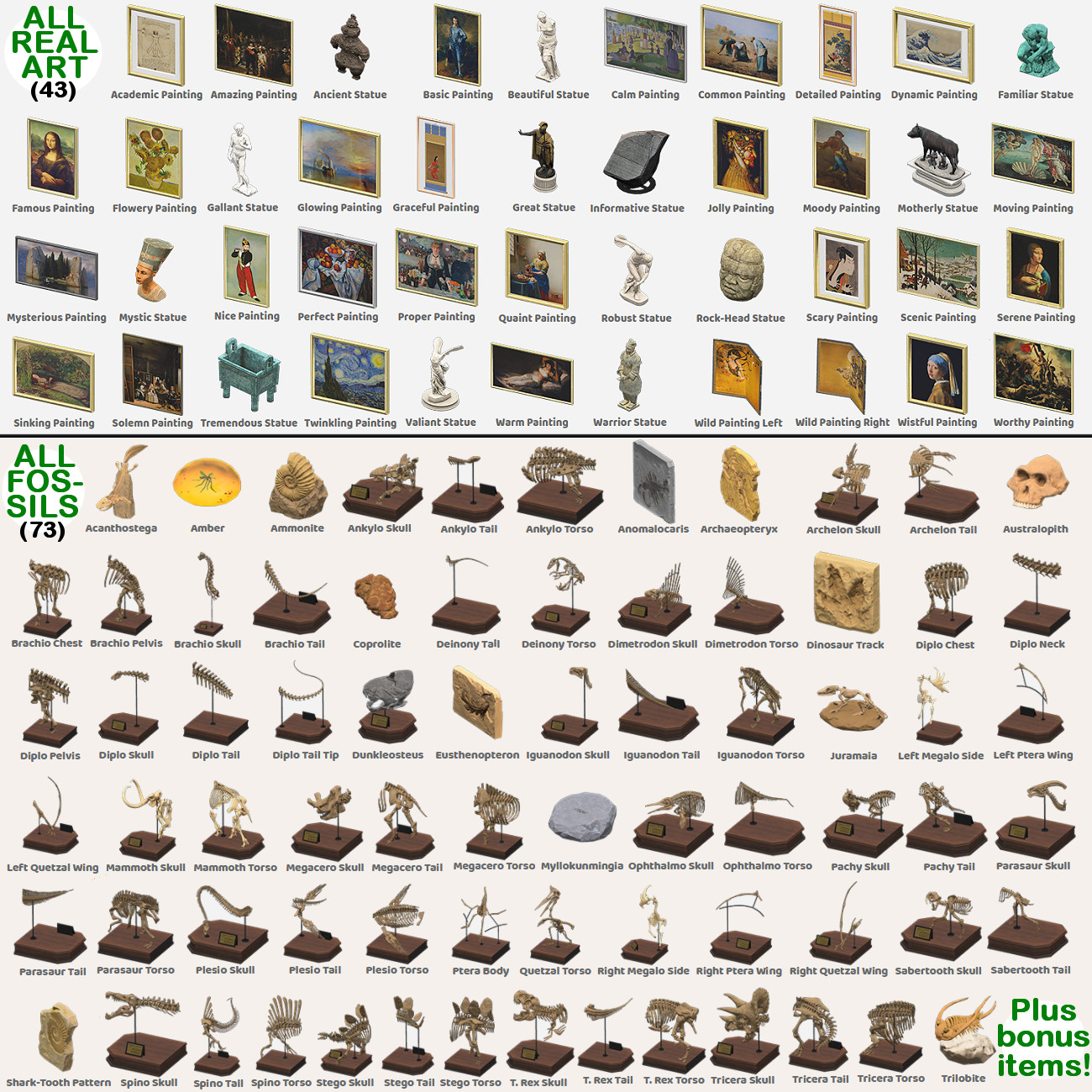 ALL genuine REDD ART & FOSSILS (+Bonus)- 120 items! Animal Crossing:New Horizons