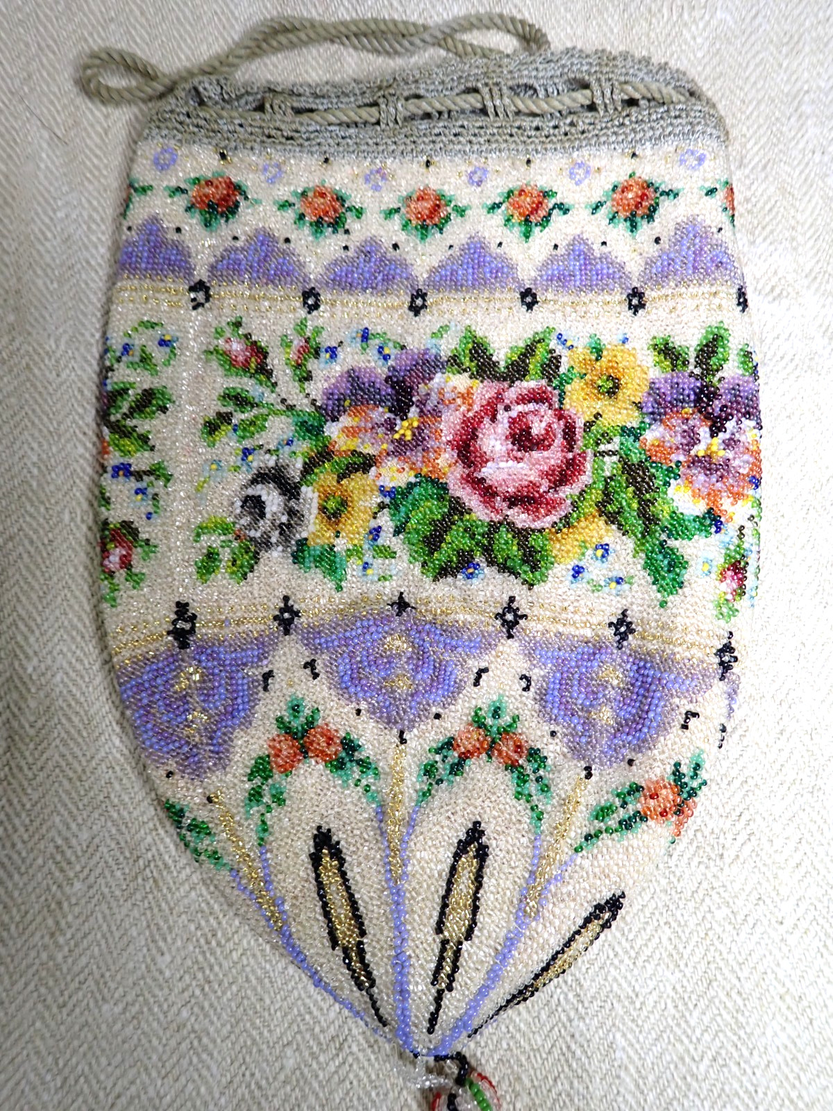 Drawstring Beaded Reticule Purse Victorian Micro Beads Evening Bag Rose Floral