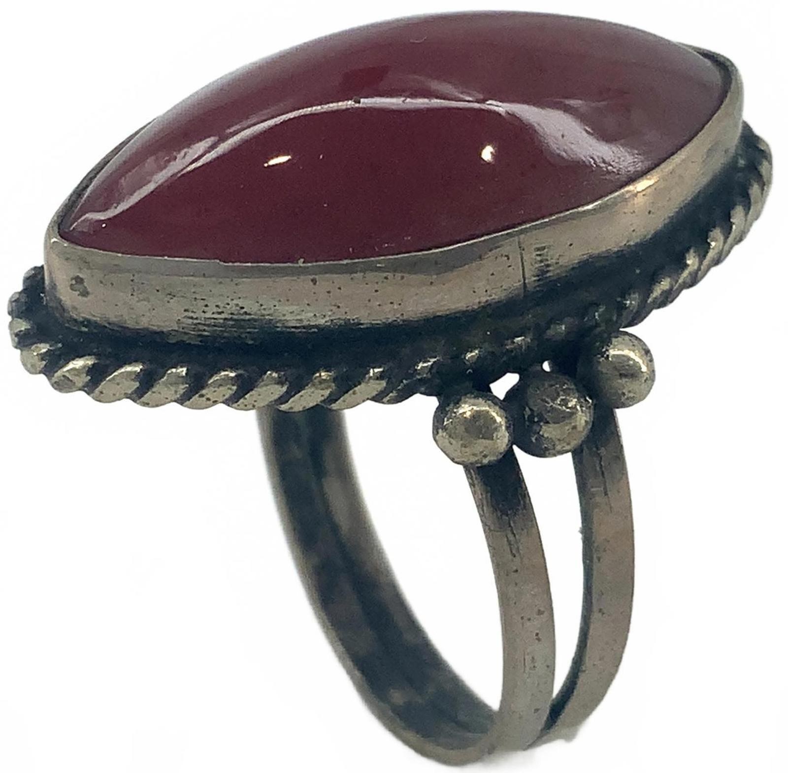 Vintage Carnelian Glass Southwest Style Ring Silver Tone Boho Marquise Size 6.5