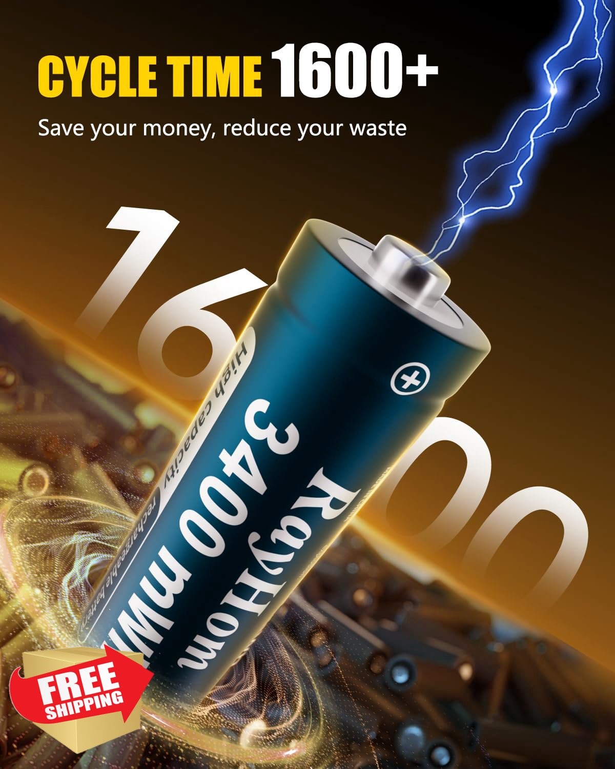 RayHom AA Lithium Rechargeable Batteries, 3400mWh, 4 Pack