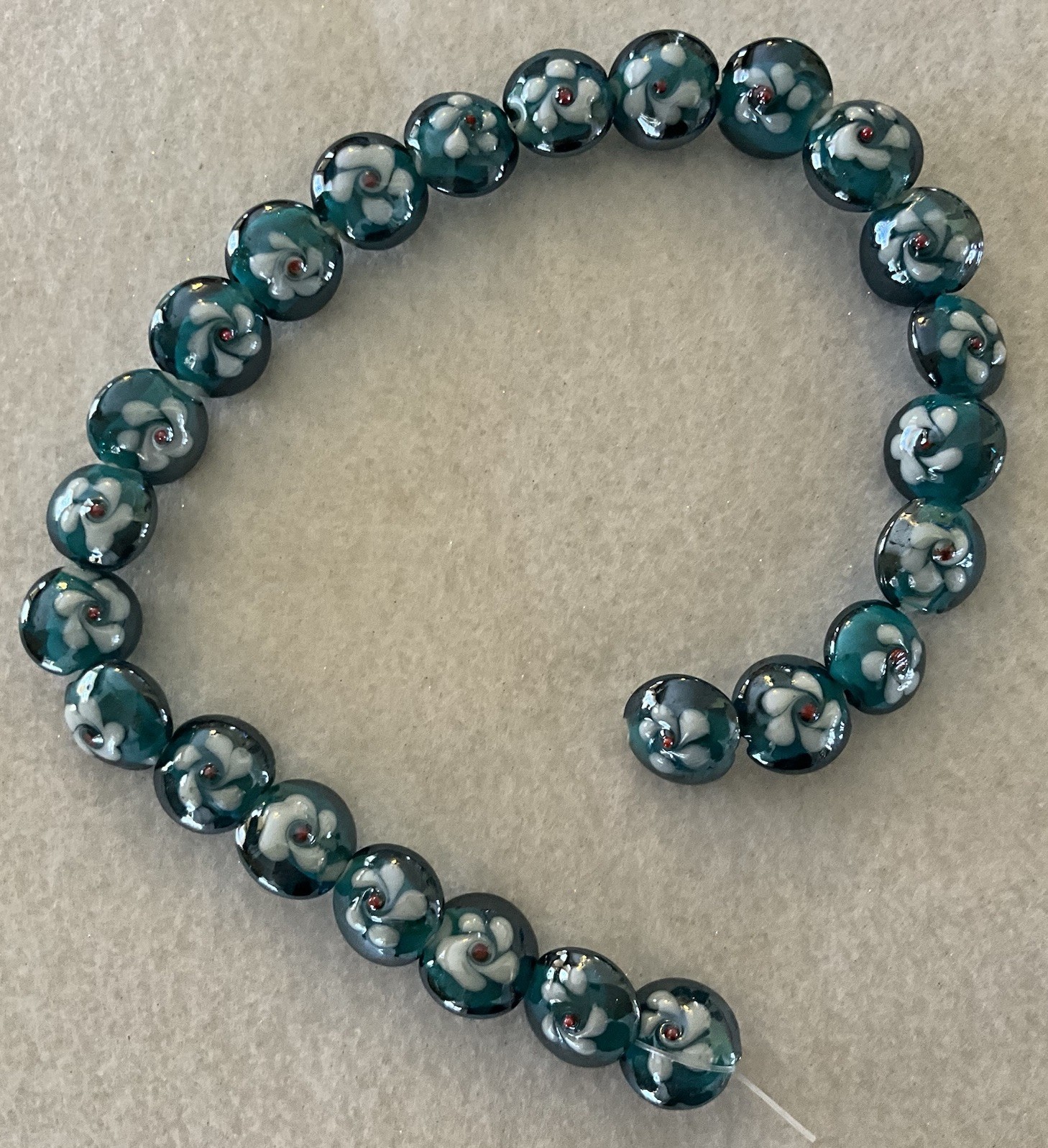 Brand New DESTASH -25 Pieces Teal Floral Lentil Lampwork Glass Beads 14-15mm