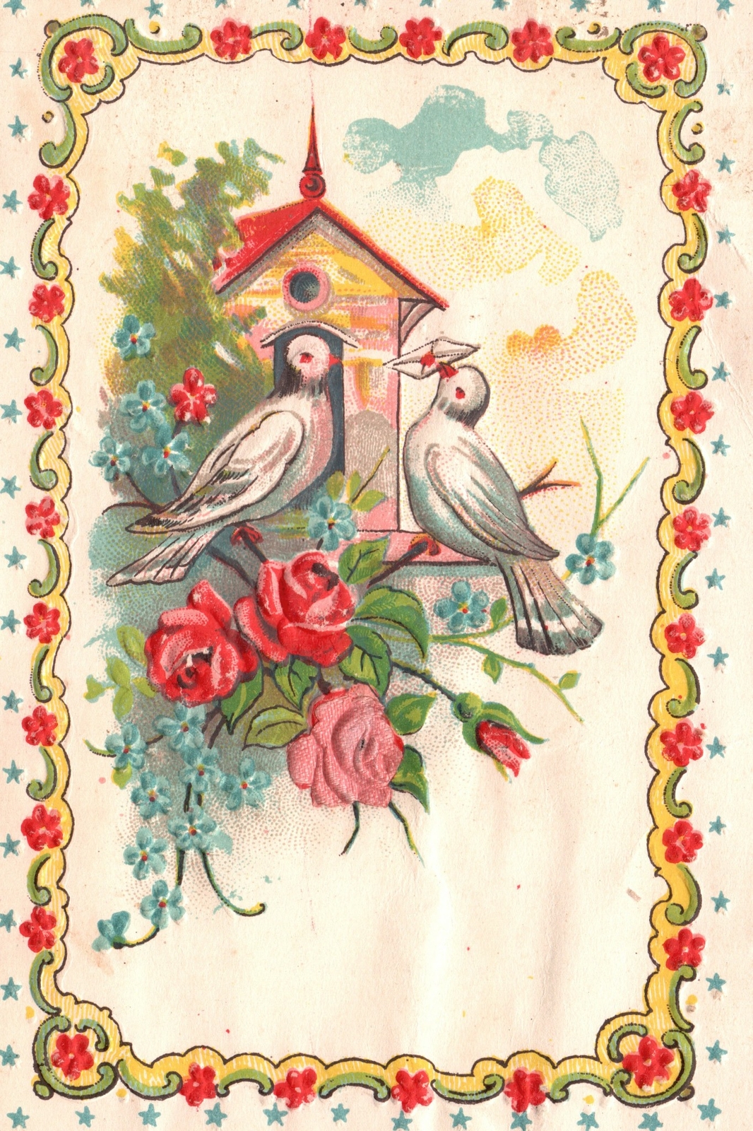 Vintage Postcard Greetings Wishes White Doves Letter Rose Forget Me Not Border