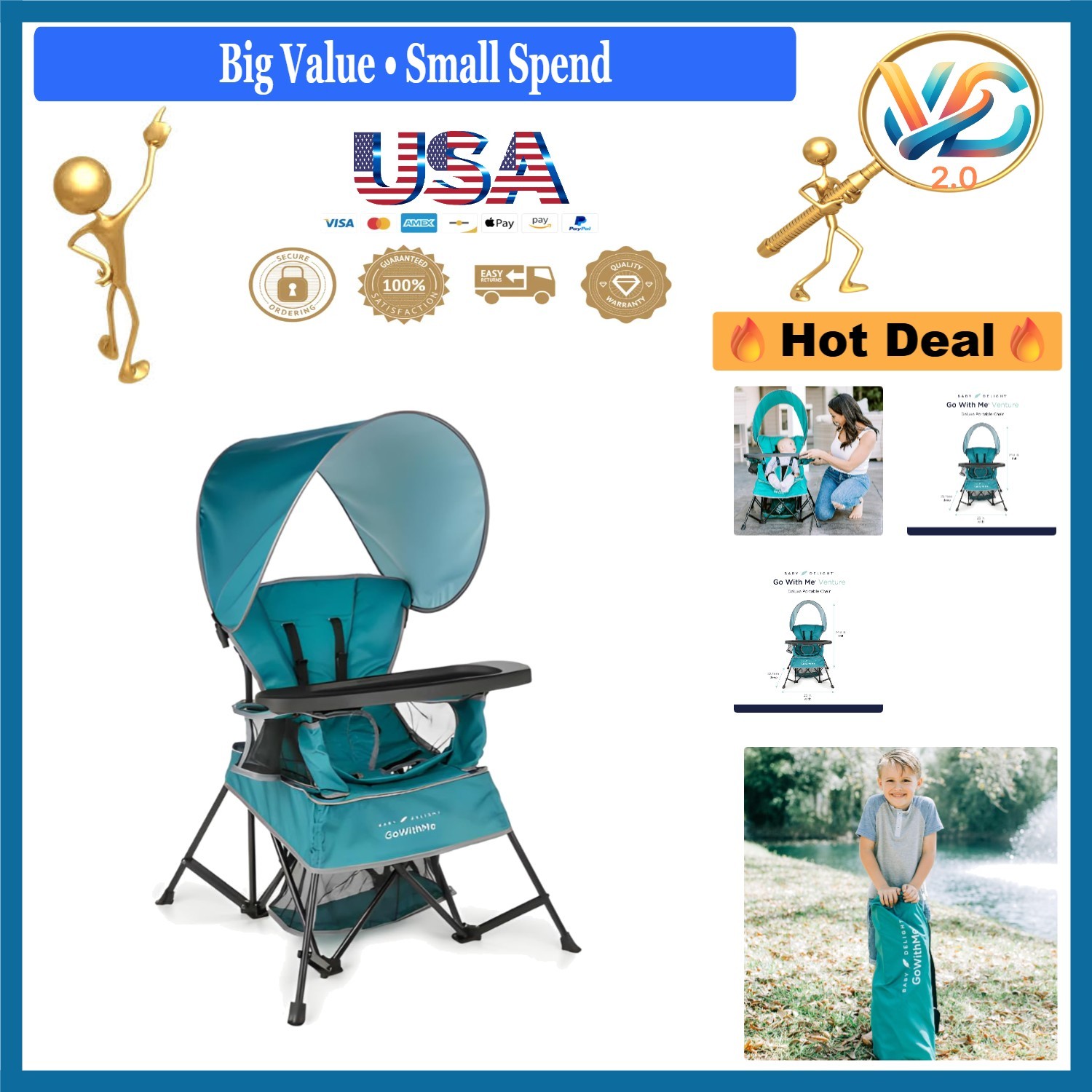 Go With Me Venture Portable Child Chair Teal Sun Canopy 3 Growth Stages