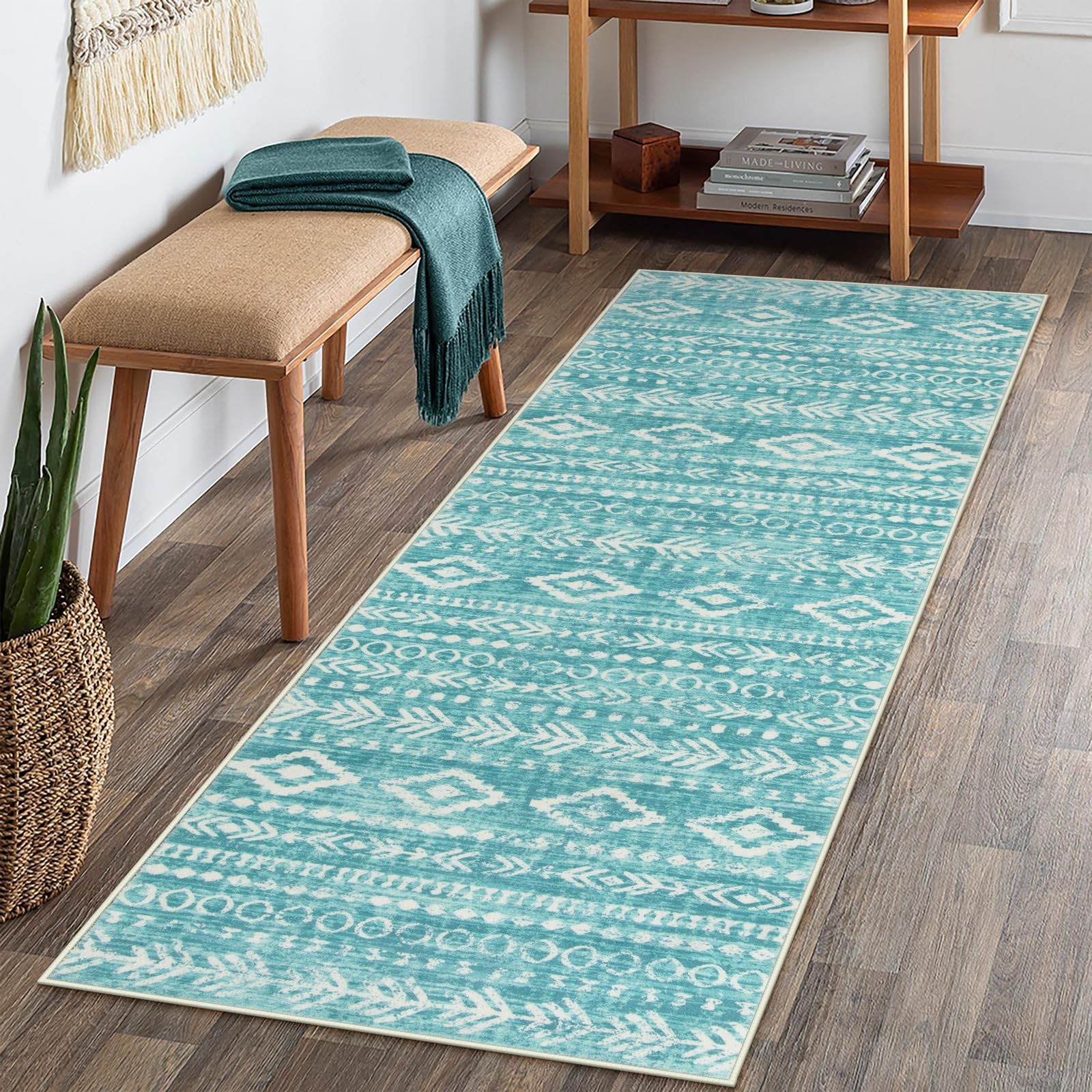 Lahome Boho Geometric Teal 2x6 Runner Rug - Non-Skid, Washable Kitchen/Bath