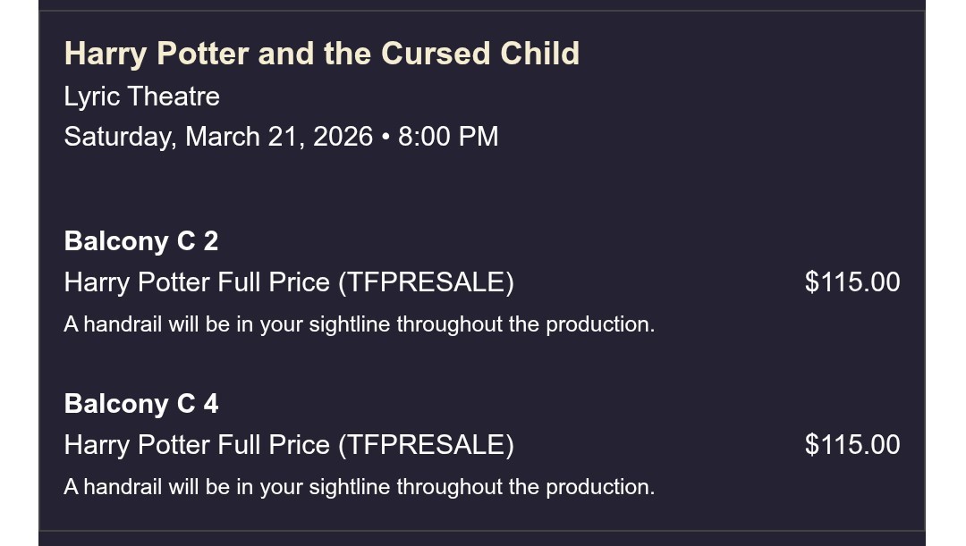 2 Tickets To Harry Potter & The Cursed Child On Broadway