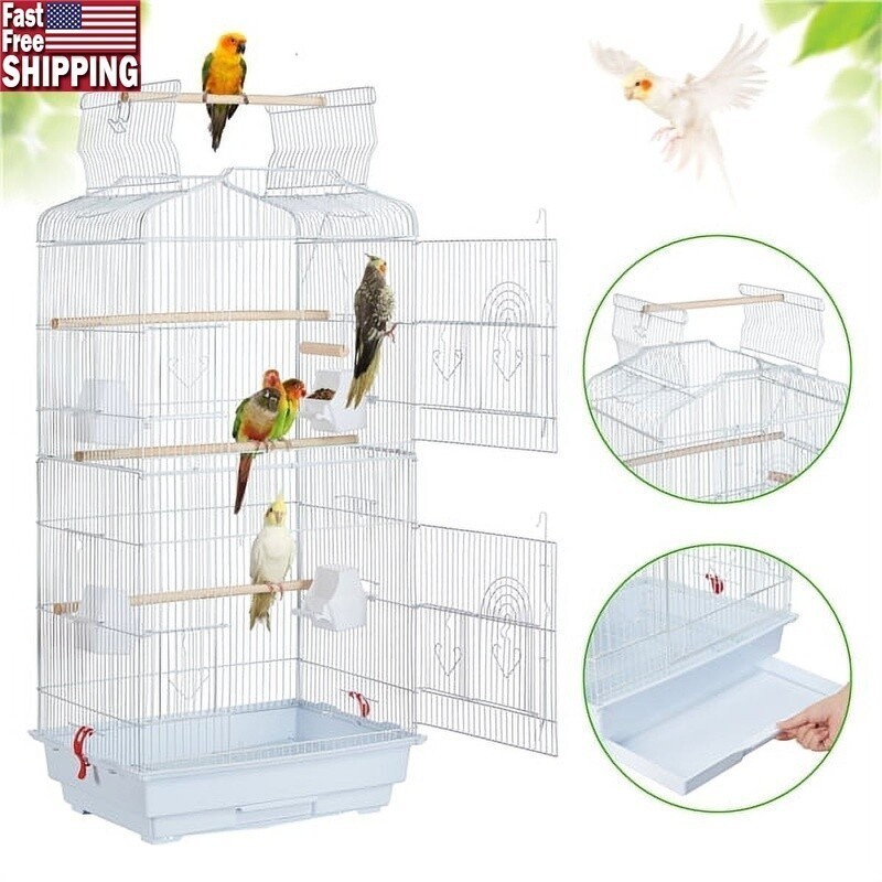 Four Feeders Double-Door Metal Birdcage W/ Slide-Out Tray Play Top Birds New US