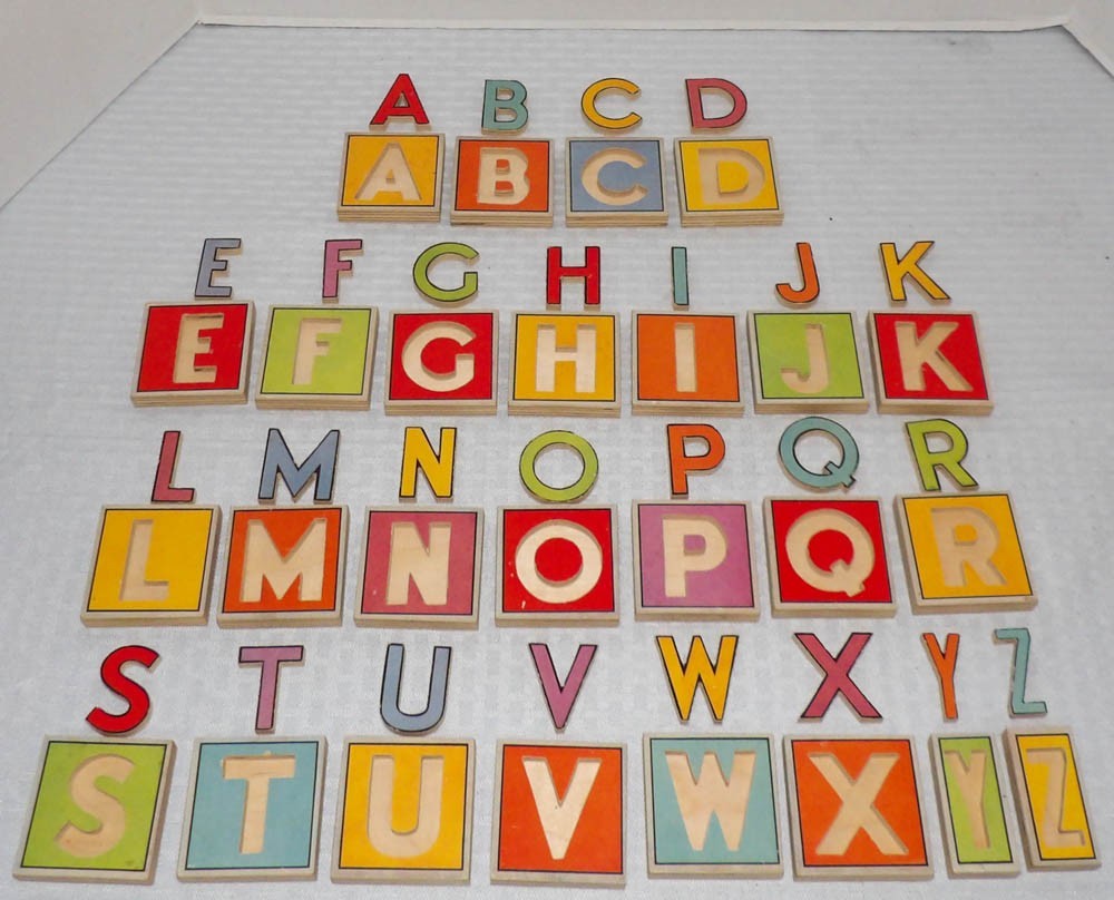 Vintage Set of 26 Wooden Alphabet Cut-Out Blocks with Color Lithographs on Back