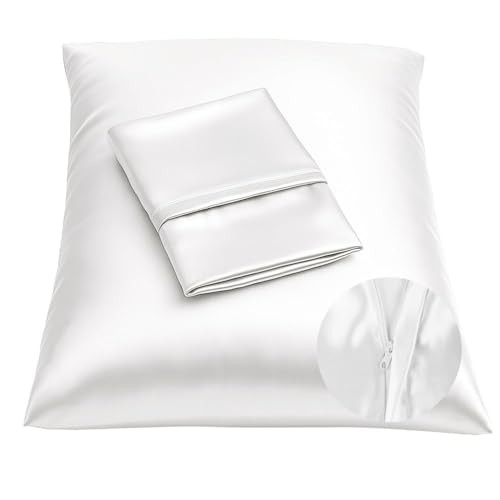 Satin Pillowcase with Zipper for Hair and Skin Care, Standard (2-pack) White