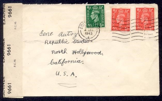 GREAT BRITAIN 1943 EDINBOROUGH CENSORED TO GENE AUTRY