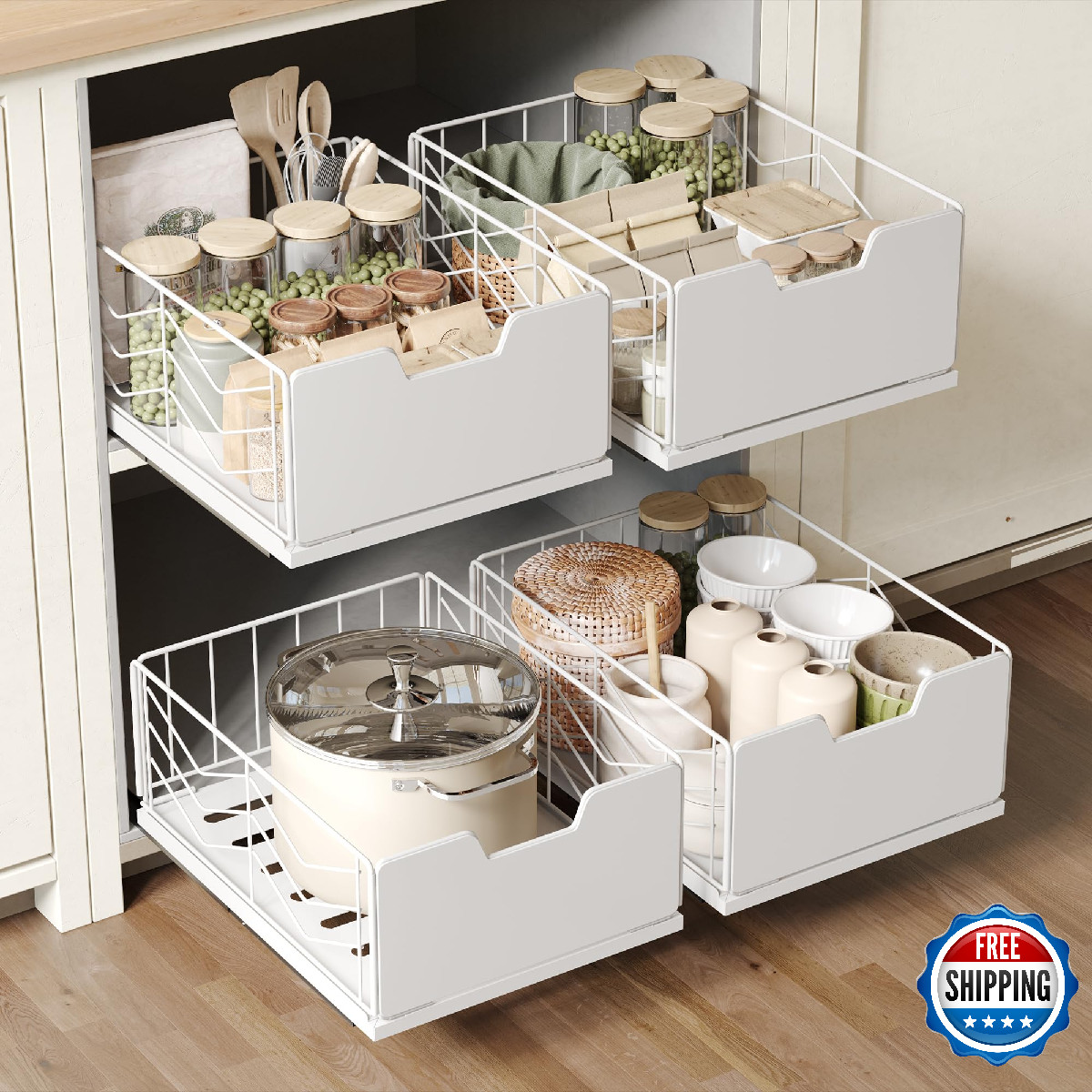 NETEL 2 Pack Pull Out Cabinet Organizer Slide Out Drawers Kitchen Pantry Storage