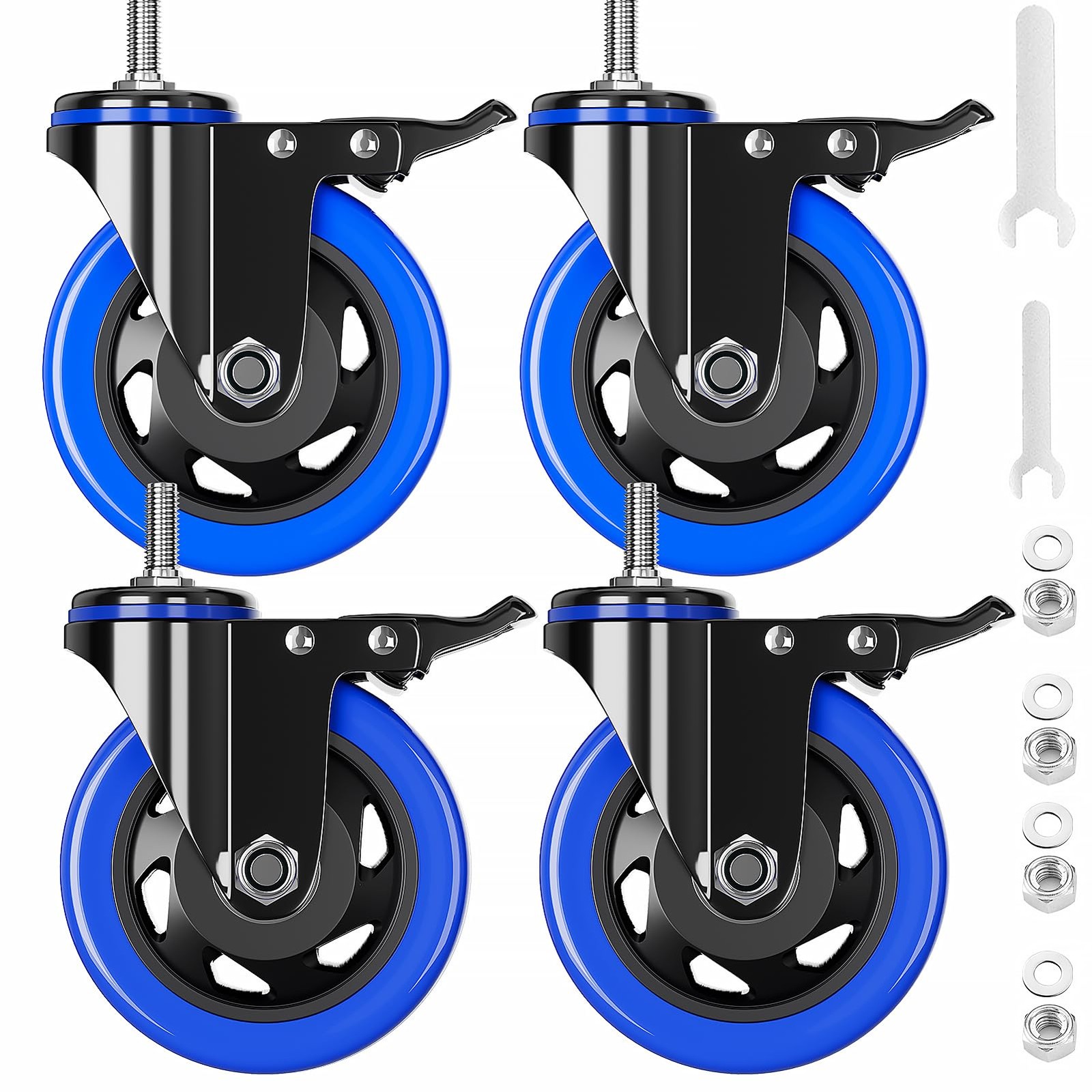 Stem Caster Wheels 4 inch Heavy Duty Threaded Mount Casters Set of blue 