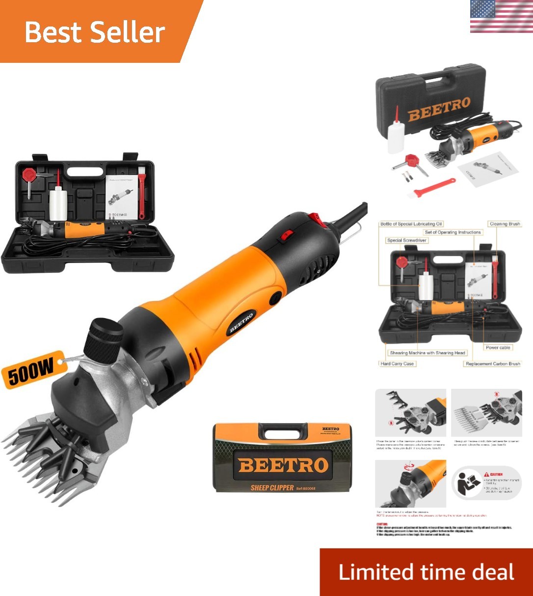 500W Electric Sheep Shears: 6-Speed Professional Grooming Clippers for Livestock