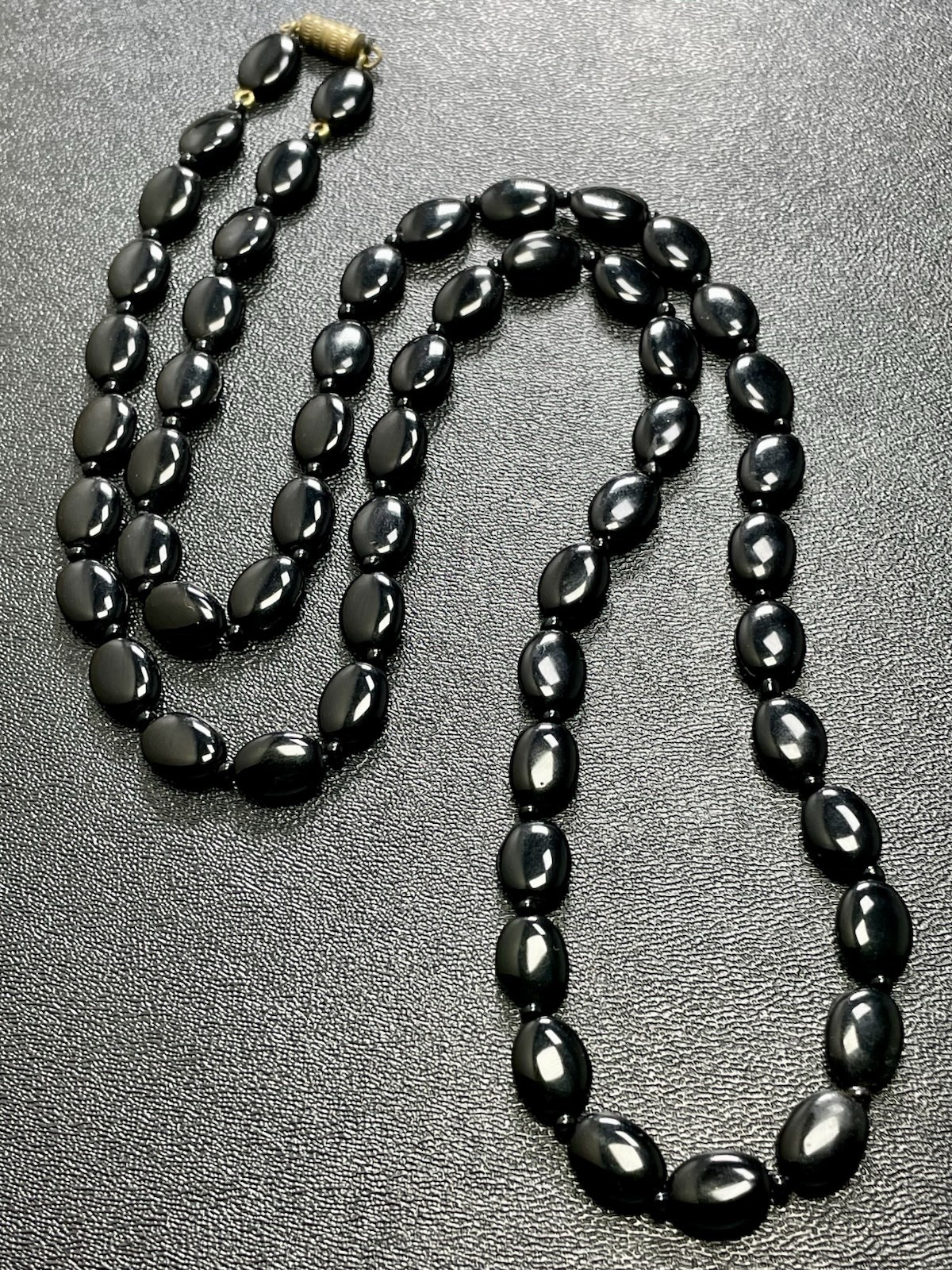 Vintage MCM 32” Black Glass Beaded Barrel Clasp Necklace